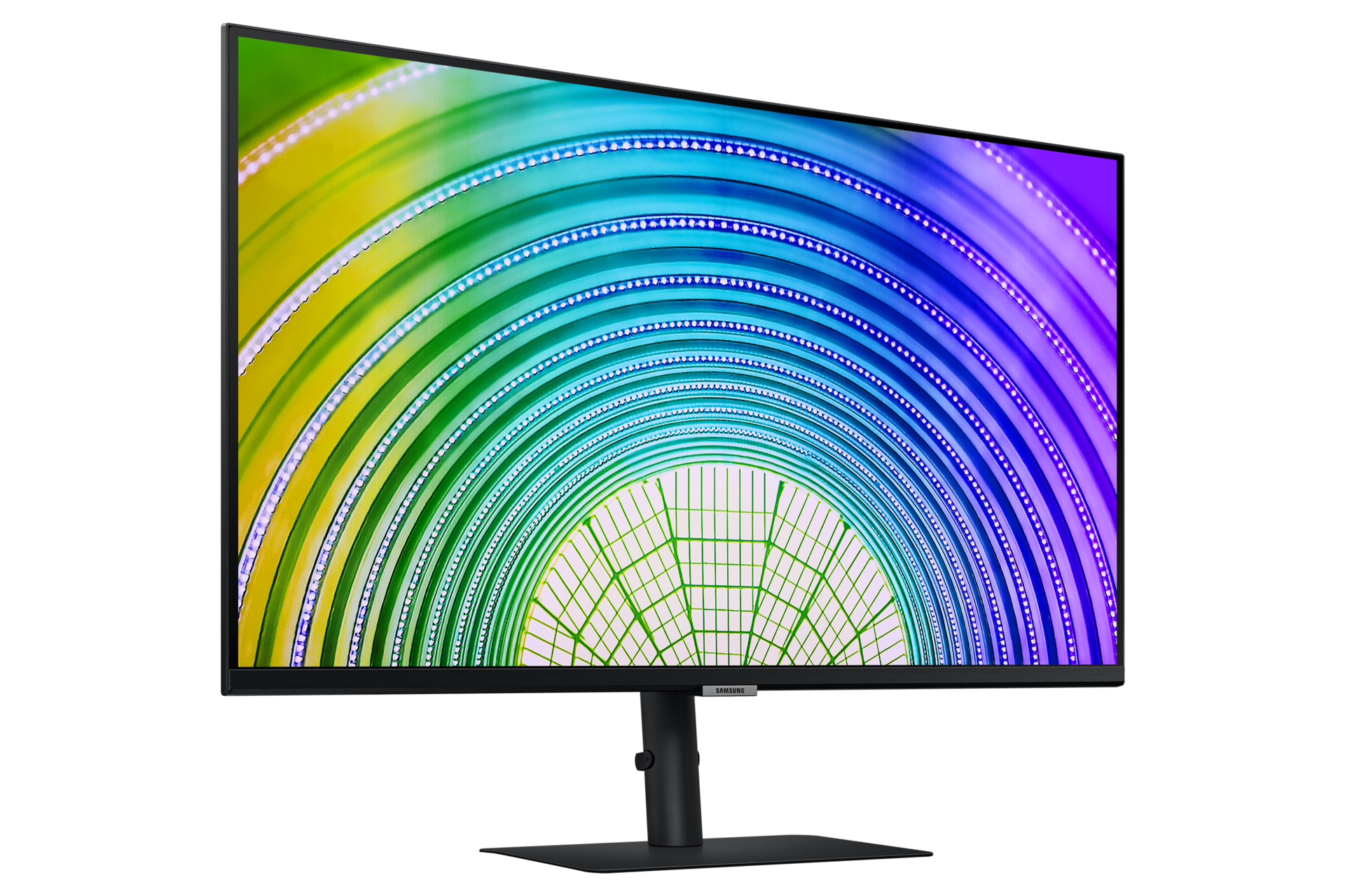 Monitor Samsung che mostra un design astratto colorato su sfondo bianco.