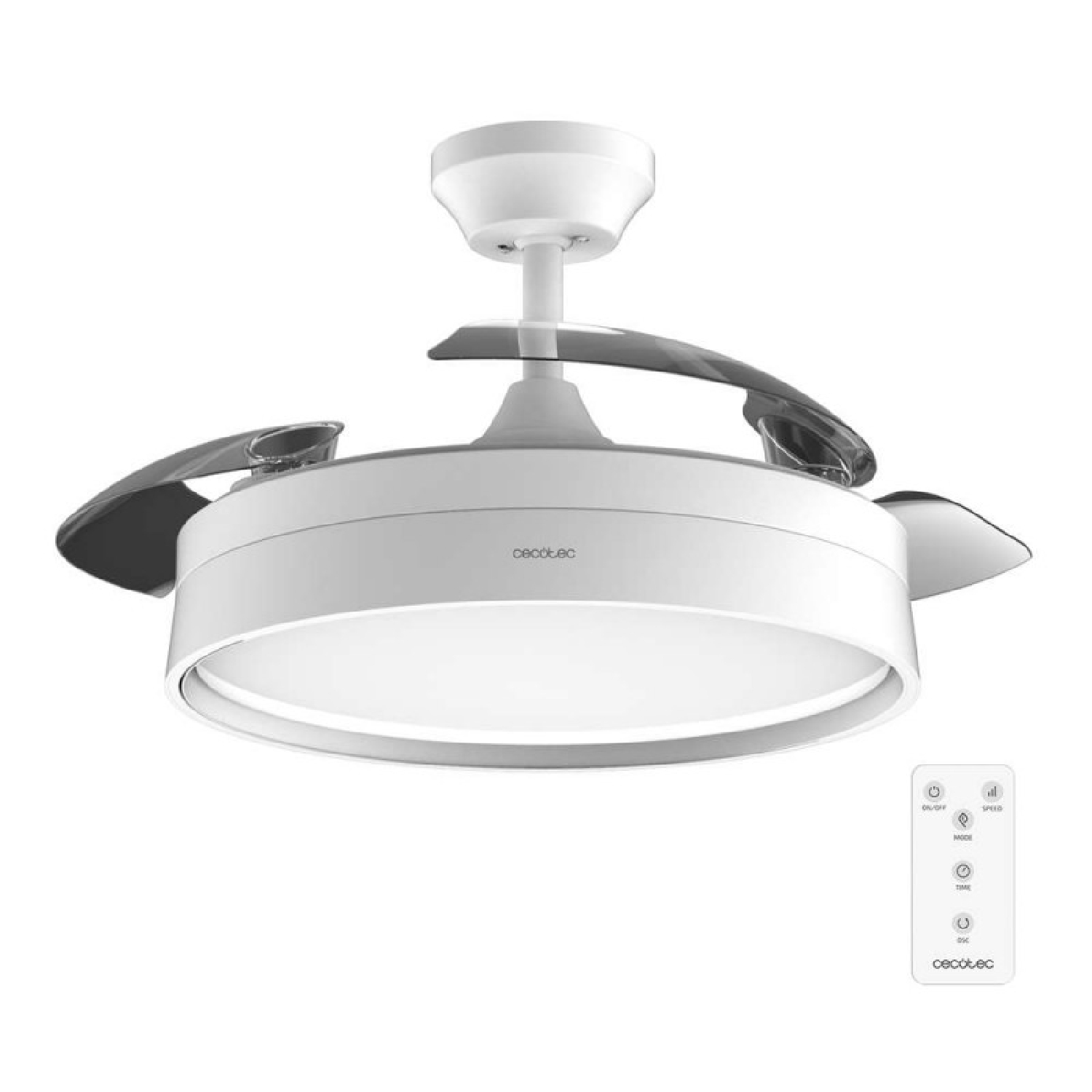 Ventilatore da soffitto bianco con pale curve e telecomando.