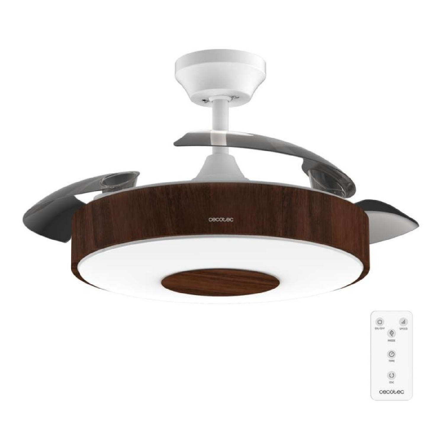 Ventilador de techo con acabado de madera oscura y luz circular blanca. Incluye un mando a distancia.