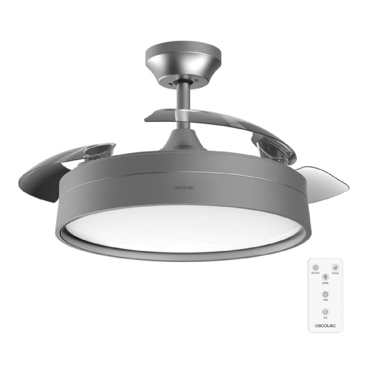 Un ventilatore da soffitto grigio con luce a LED e telecomando. Lo sfondo è bianco.