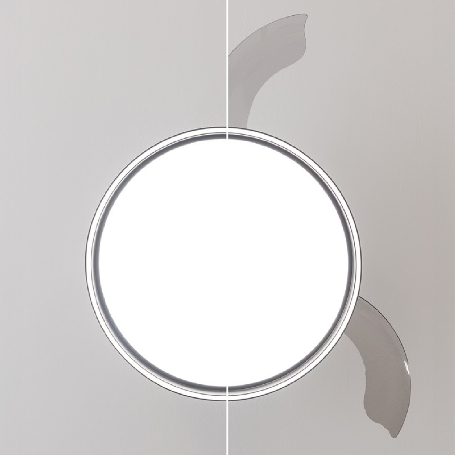Ceiling fan, white. Two blades and a light are visible. White background.