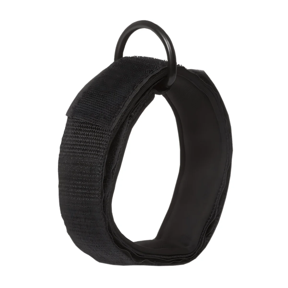 A black adjustable ankle strap with a metal ring.