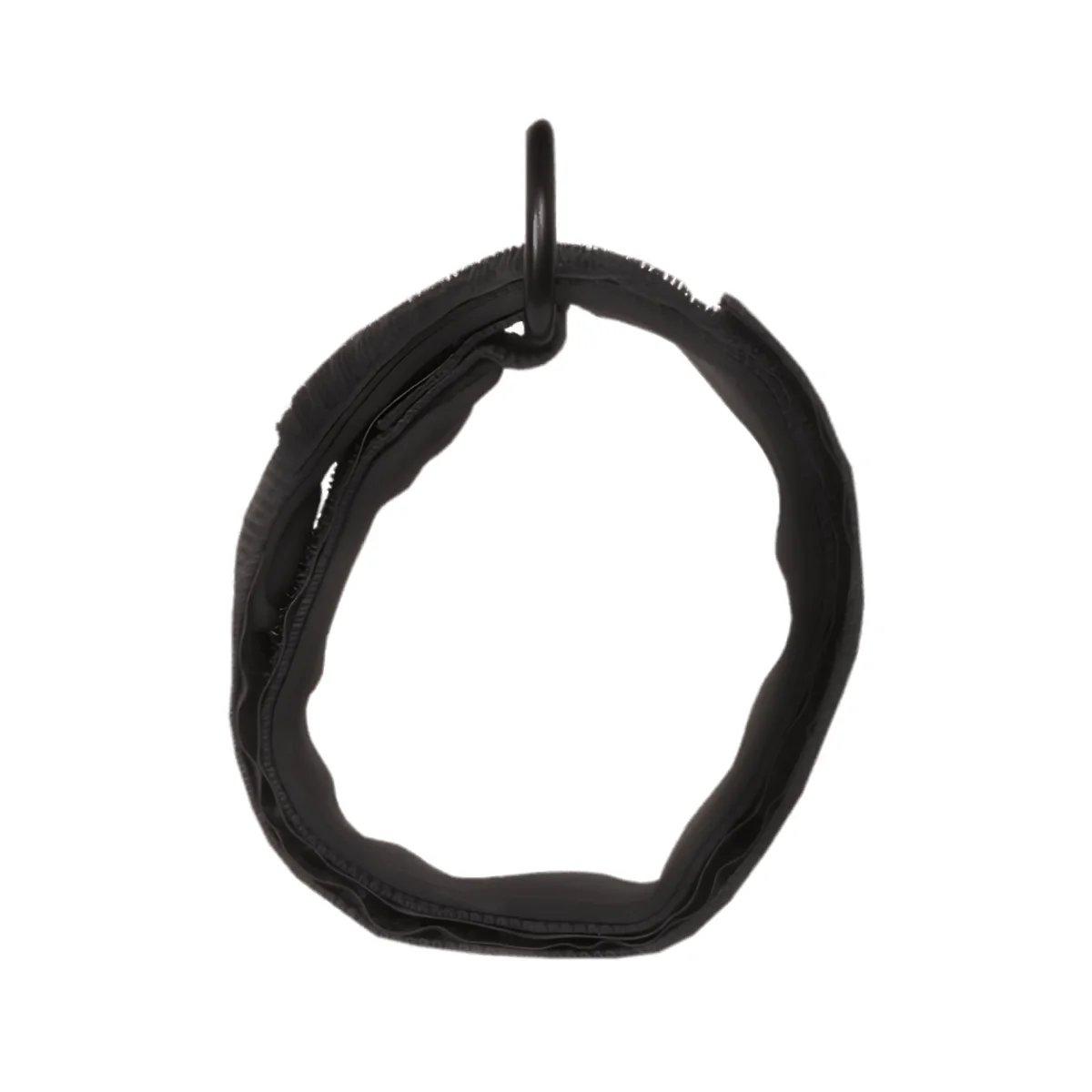 A black textile loop hangs from a black metal ring against a white background.