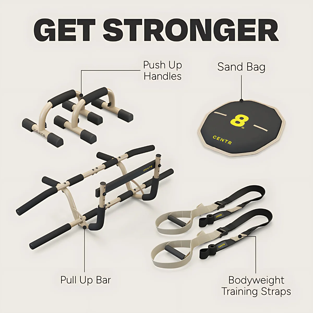 A collection of workout equipment, including push-up handles, a sandbag, and pull-up bars.