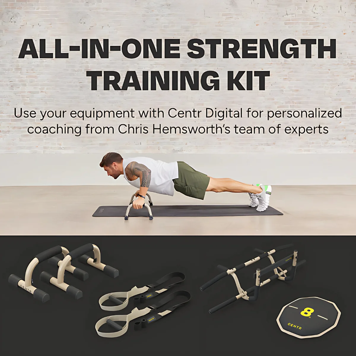 An all-in-one strength training kit with equipment and a person doing push-ups.
