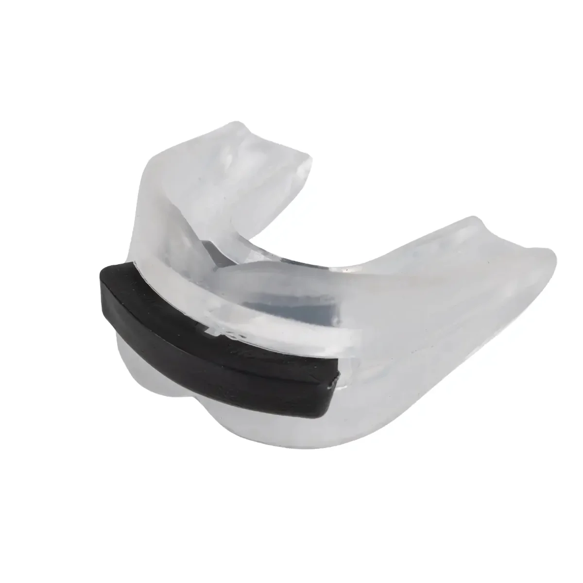Een doorzichtige, plastic gebitsbeschermer met een zwarte rubberen strip.