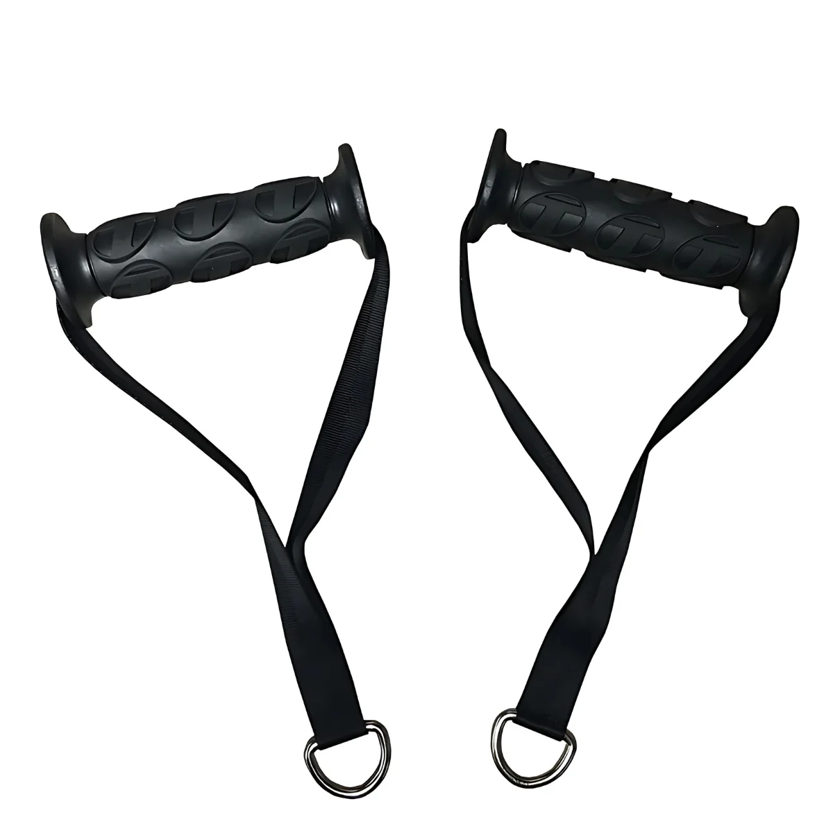 Pair of black exercise handles with loop straps attached to metal rings.
