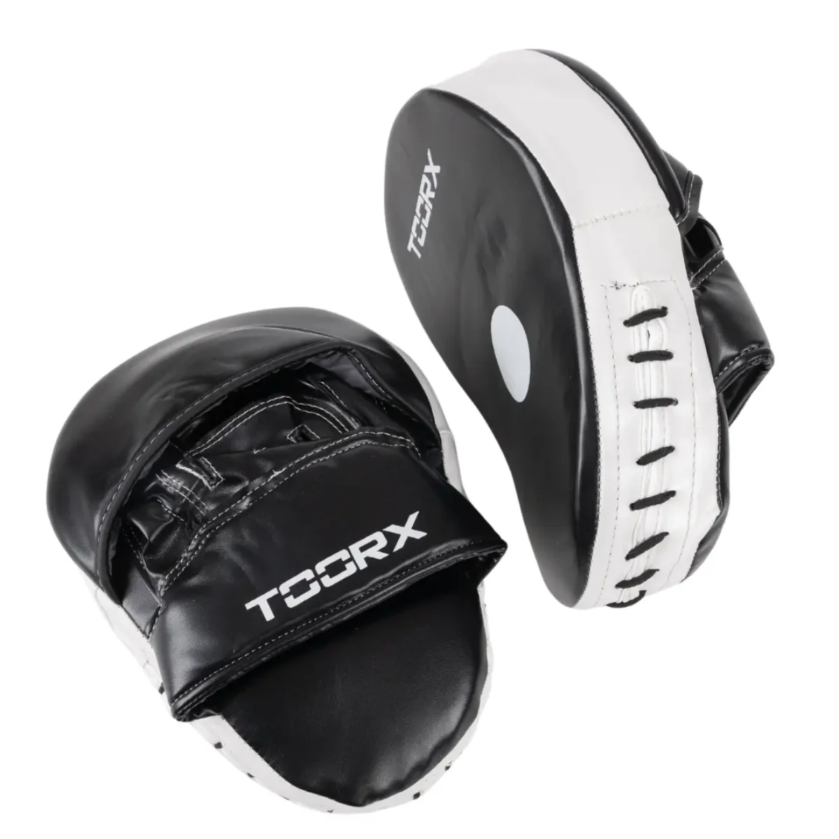 Two black and white boxing focus mitts with curved designs face up on a white background.