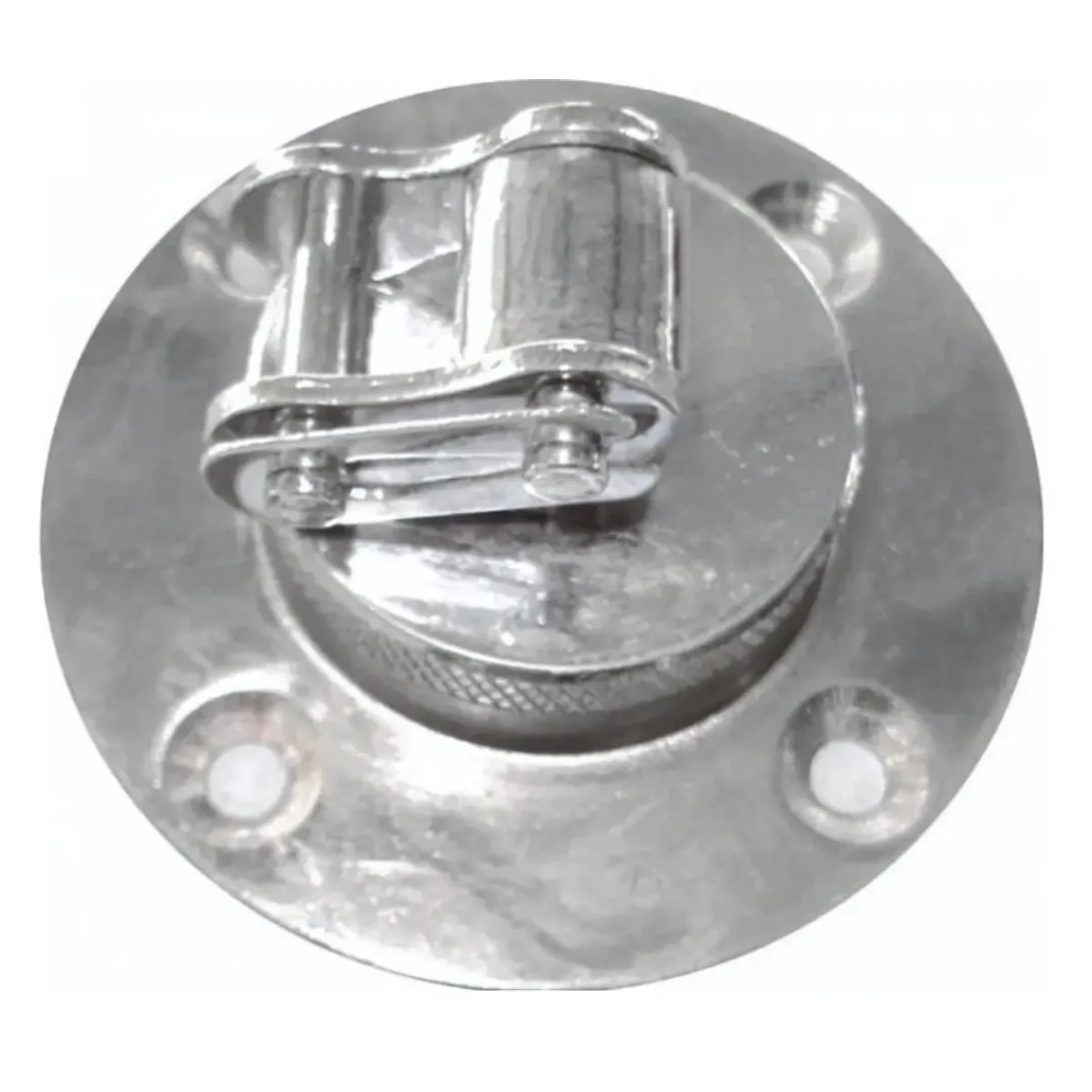 Close-up van een glanzend metalen cirkelvormig onderdeel met bouten en een scharnierend deel.