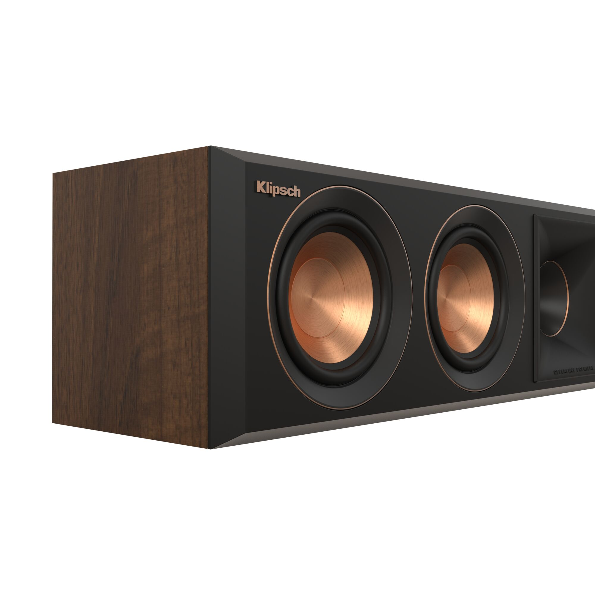 Eine Klipsch Soundbar, schwarzer Korpus mit kupferfarbenen Lautsprechern, braunen Holzenden.