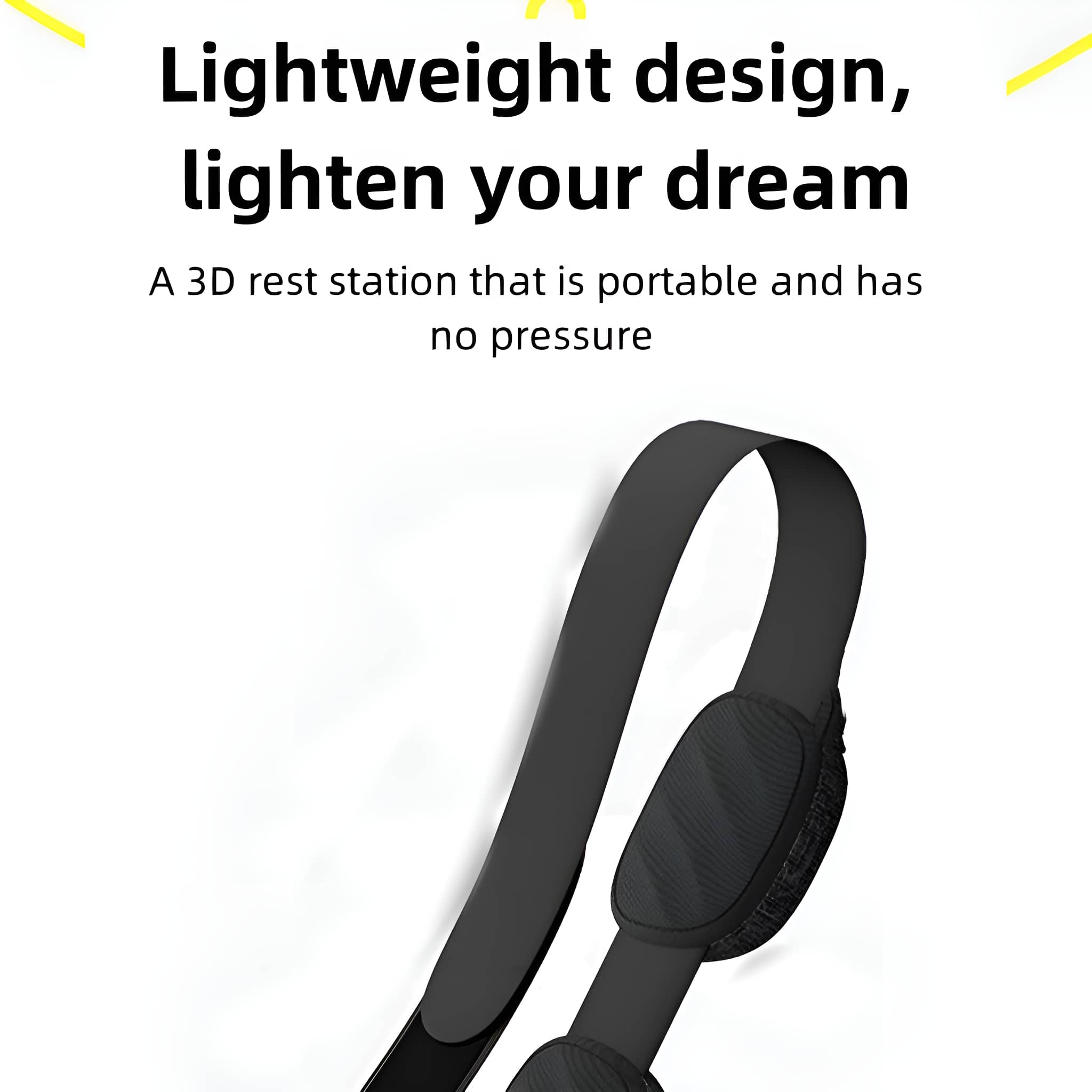 Schwarze Nackenstütze, der Text lautet 'Leichtes Design, erhellen Sie Ihren Traum'. Es ist eine tragbare 3D-Ruhestation.