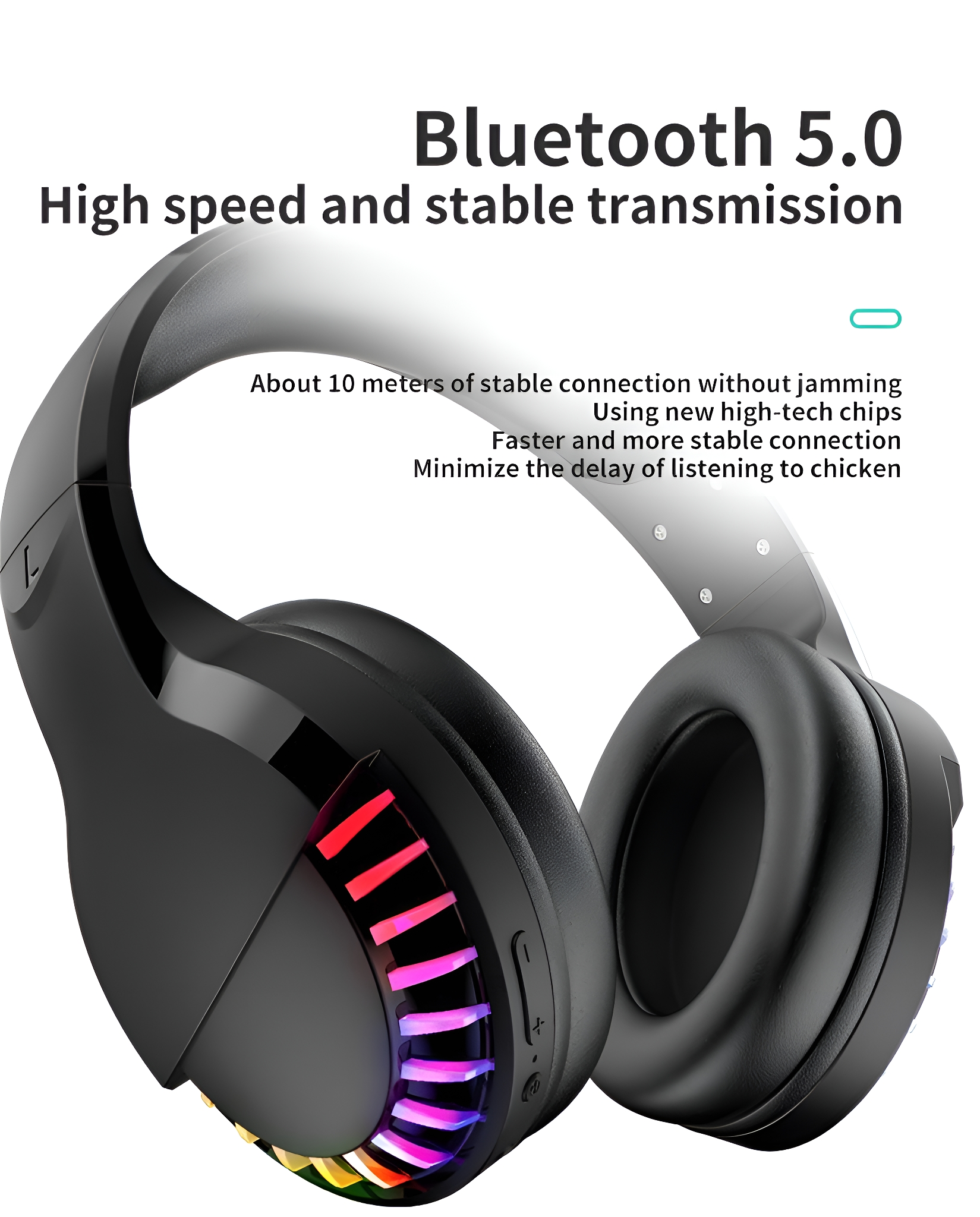 Schwarze Kopfhörer mit bunten Lichtern, Bluetooth-Text und Hochgeschwindigkeitsübertragung.