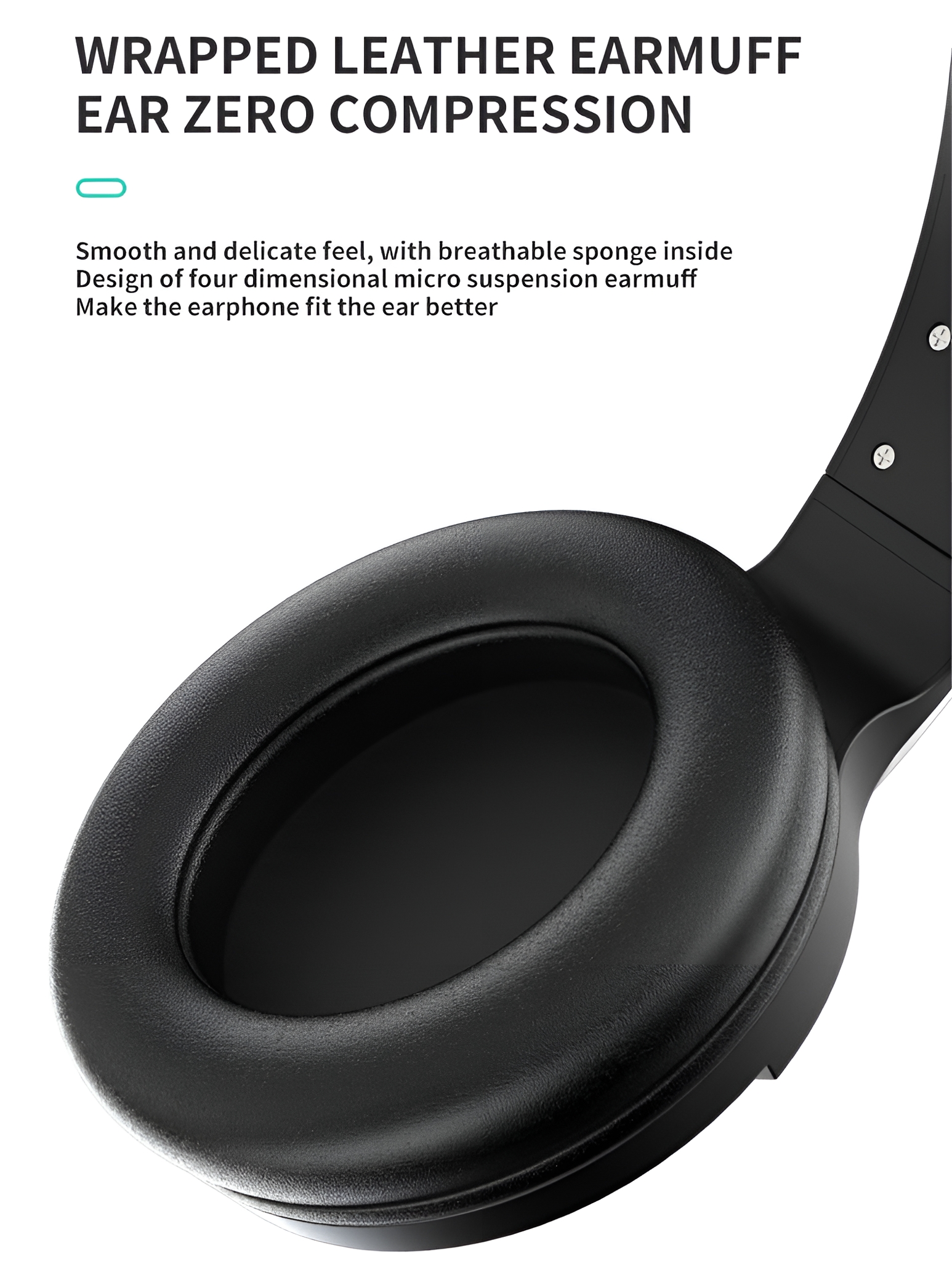 Schwarze Kopfhörer-Ohrmuschel, mit Text: Ear Zero Compression. Glattes und zartes Gefühl.