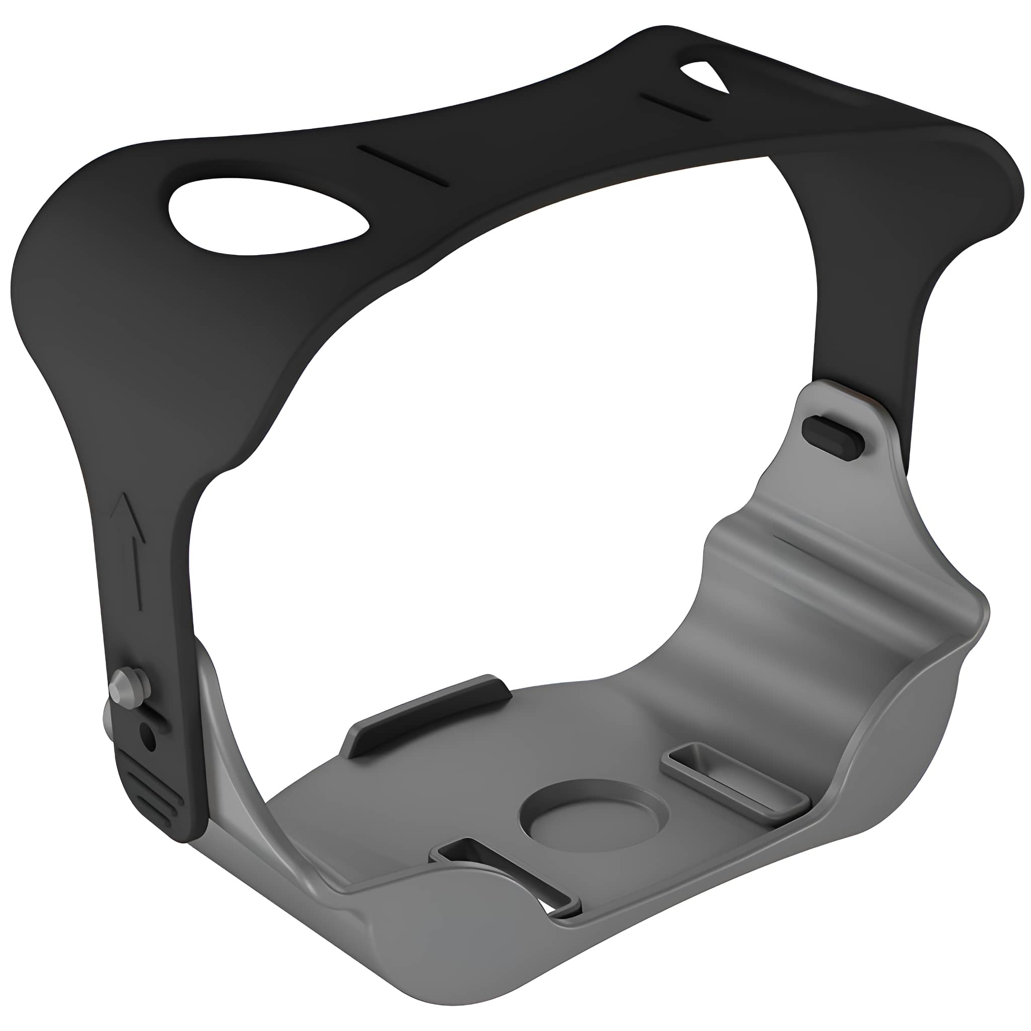 Ein grau-schwarzer Gerätehalter mit offenem Design und einem orangefarbenen Griff.