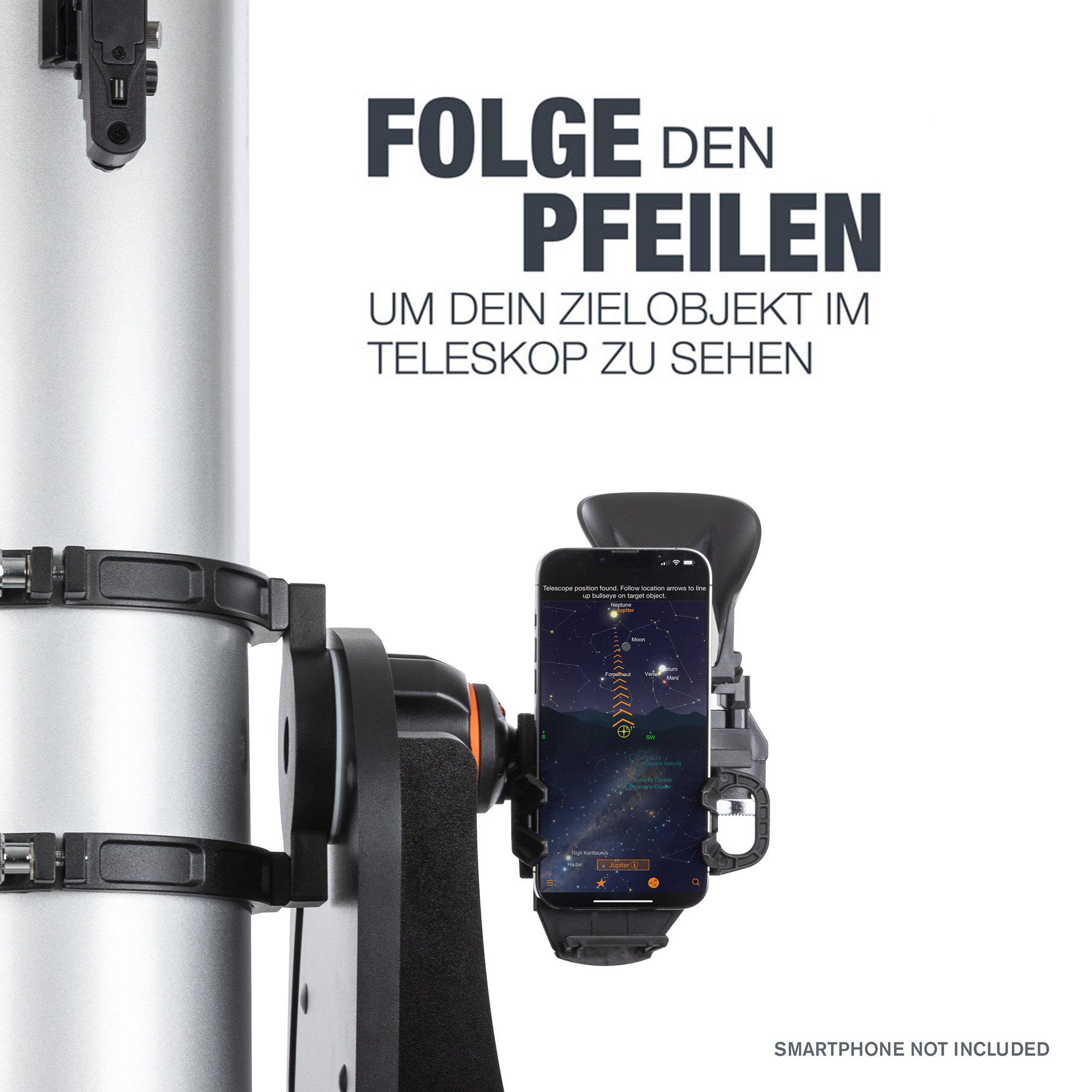 Teleskop mit Smartphone, das eine App zeigt. Text: Folge den Pfeilen, um das Zielobjekt zu sehen.