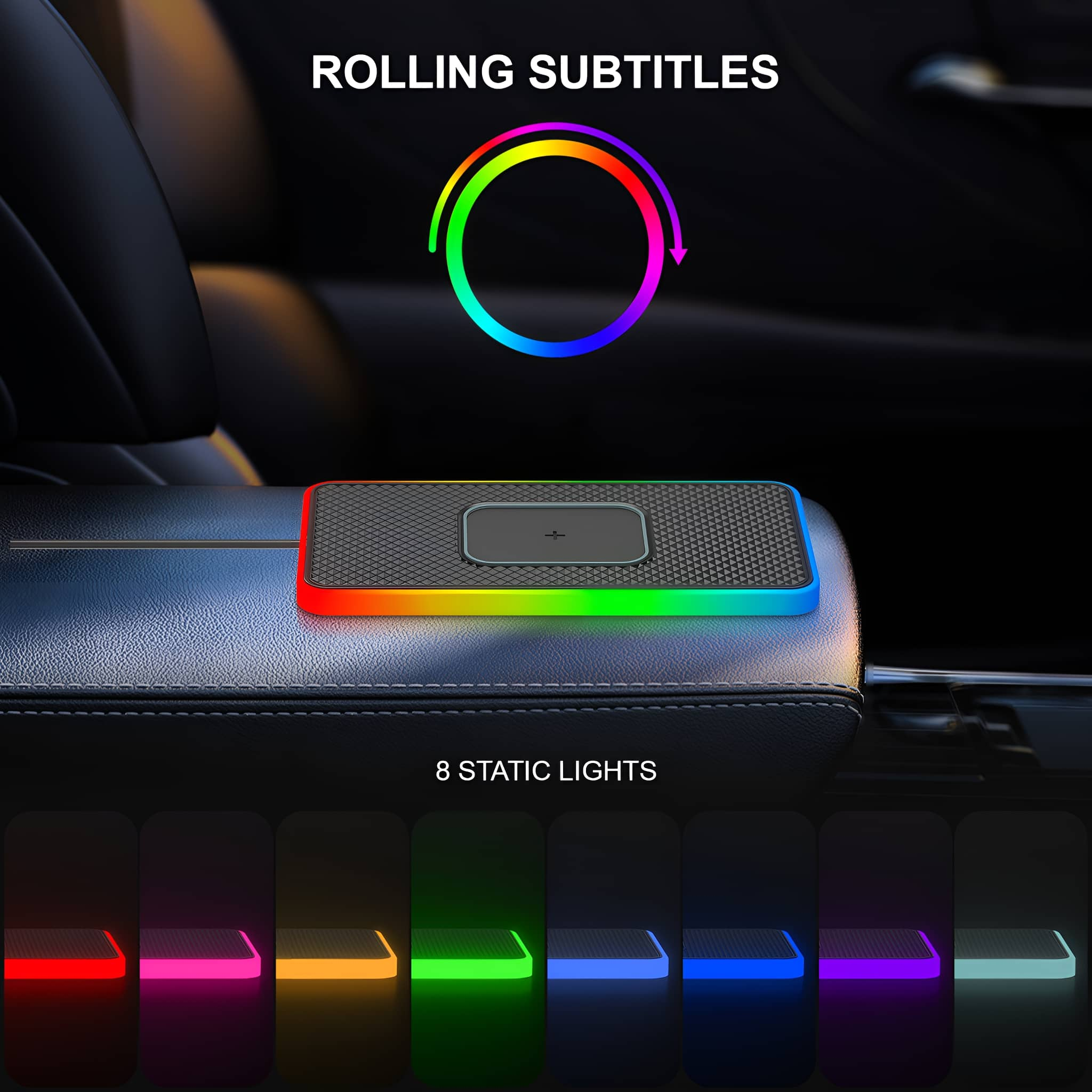Autokonsole mit Ladepad und Regenbogenfarben-Kantenbeleuchtung. 8 statische Lichtmodi.