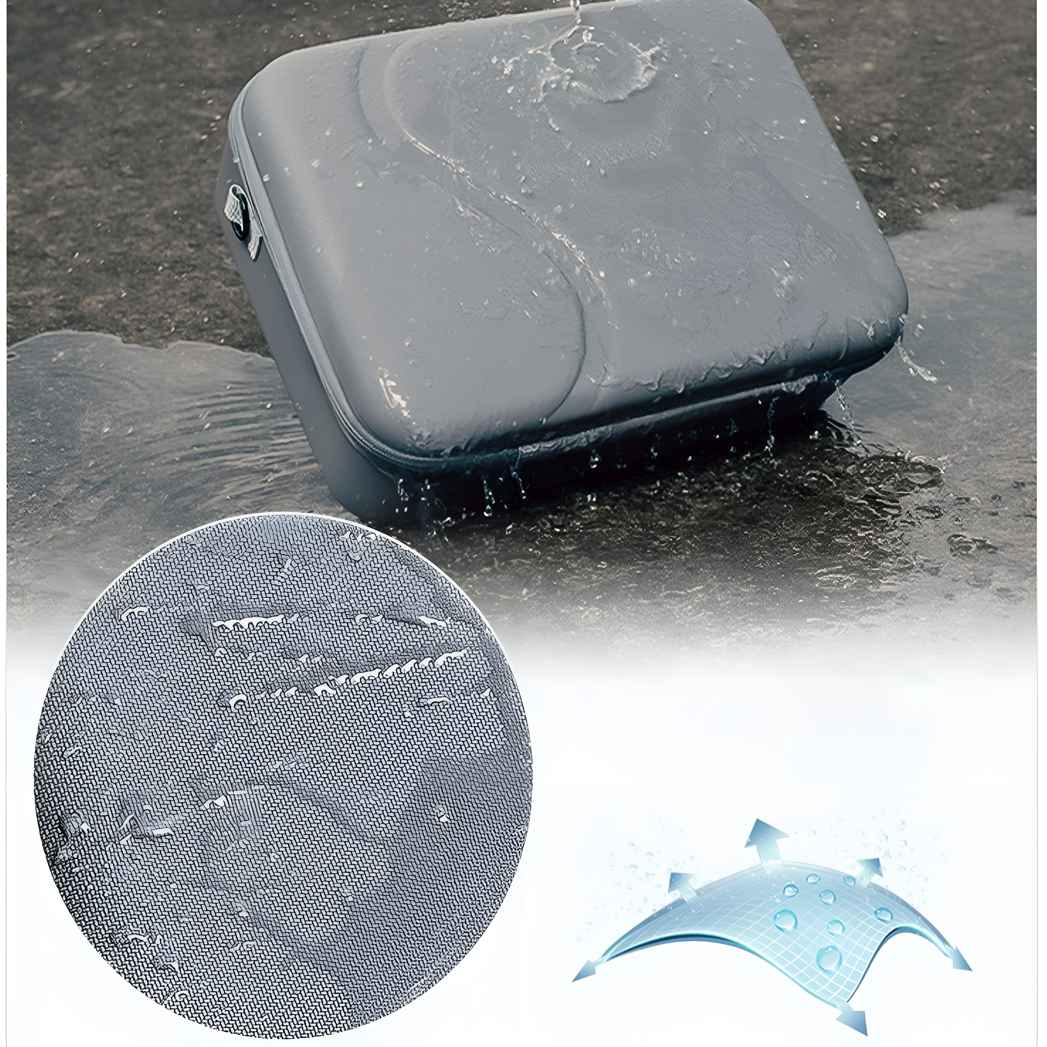 Grauer wasserdichter Koffer mit Wassertropfen. Nahaufnahme zeigt wasserabweisende Oberfläche. Blaue Pfeile.