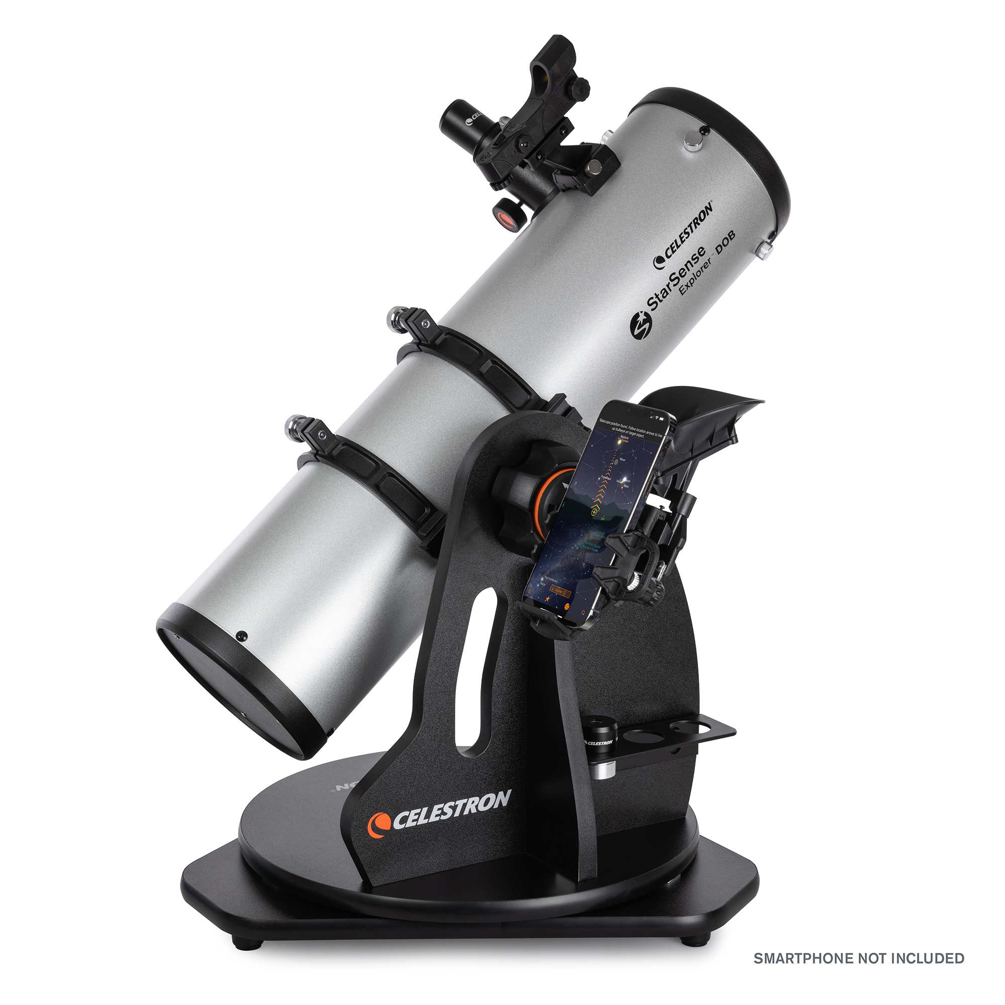 Celestron StarSense Teleskop mit Telefonhalterung, silbernem Tubus und schwarzem Sockel.