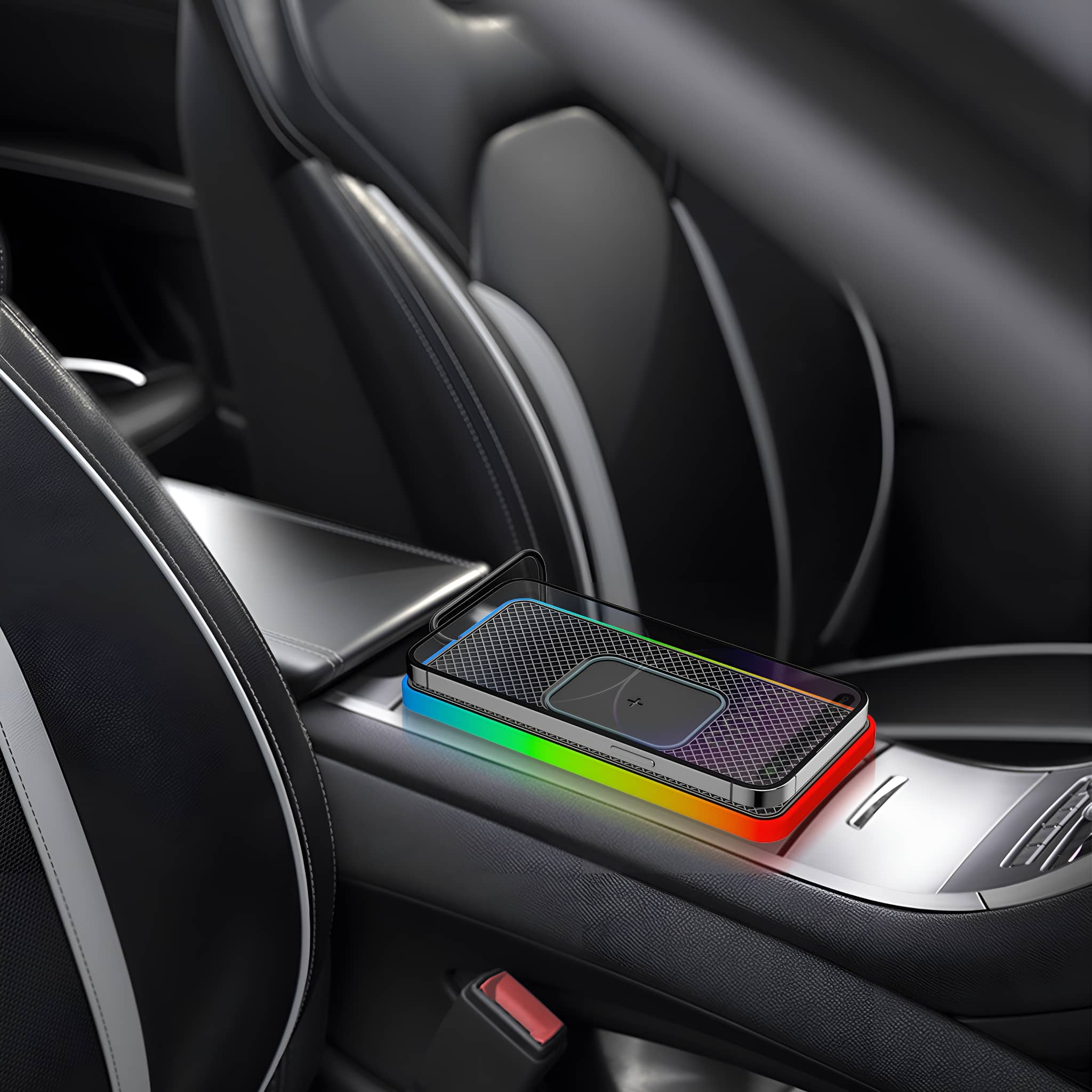 Telefonladegerät in der Armlehne des Autos. Regenbogenlicht auf dem Ladegerät.