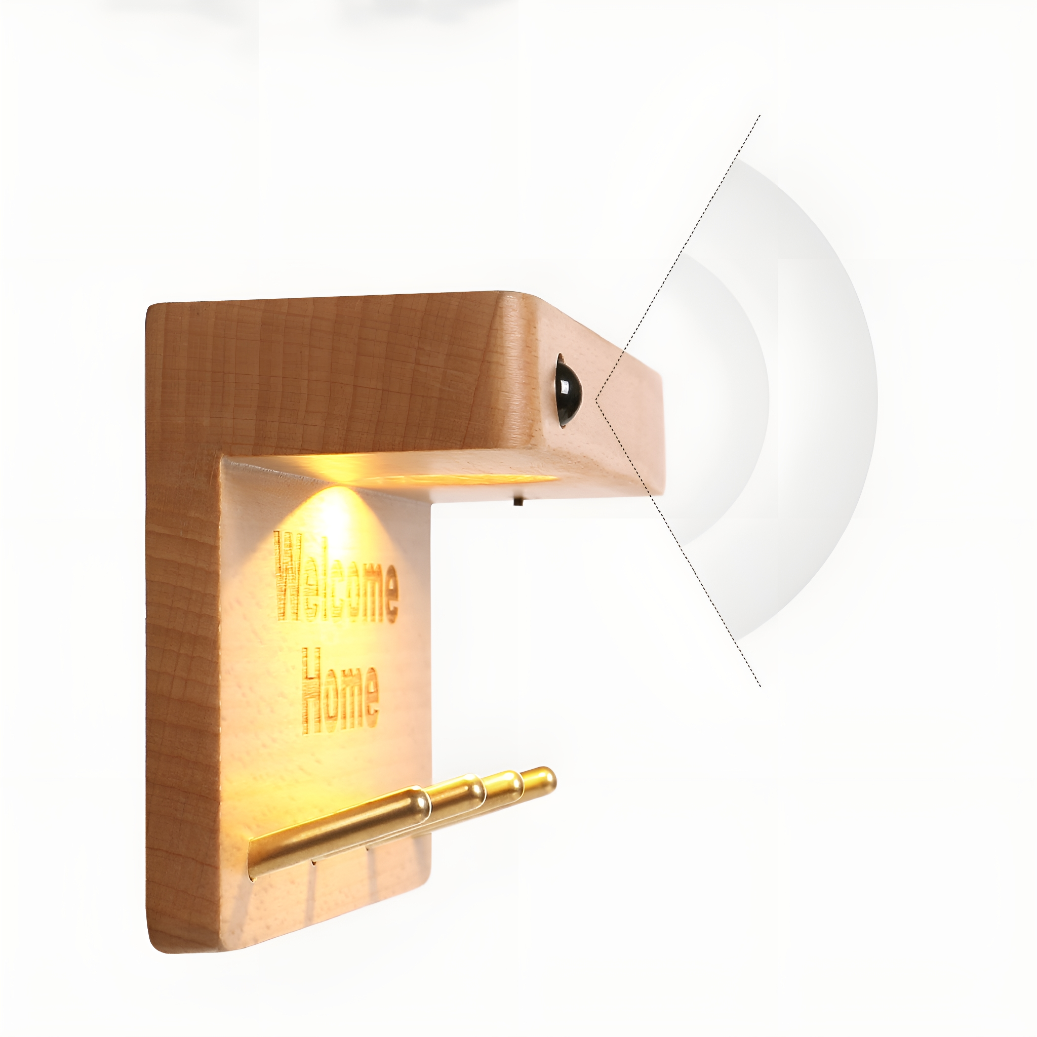 Ein hölzerner Schlüsselhalter mit "Welcome Home", Licht und Haken an einer weißen Wand.