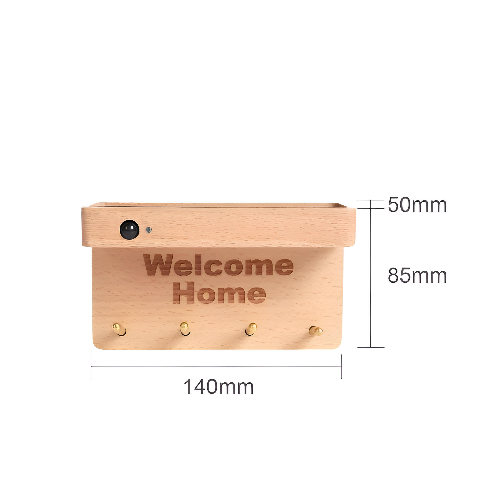 Wandmontierter Schlüsselhalter aus Holz mit Haken und der Aufschrift "Welcome Home".