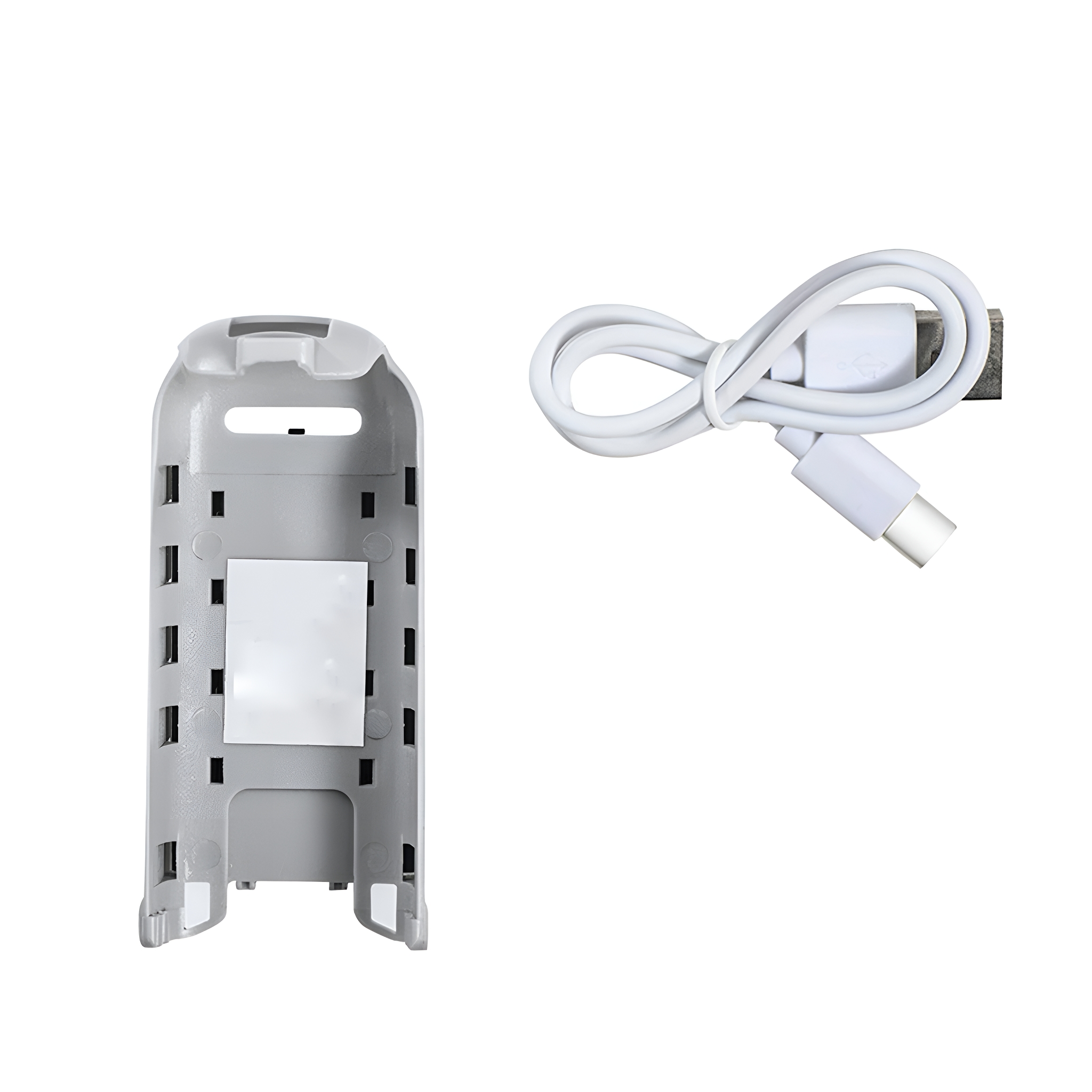 Ein graues Kunststoffgerät und ein weißes Ladekabel mit USB-C-Anschluss.
