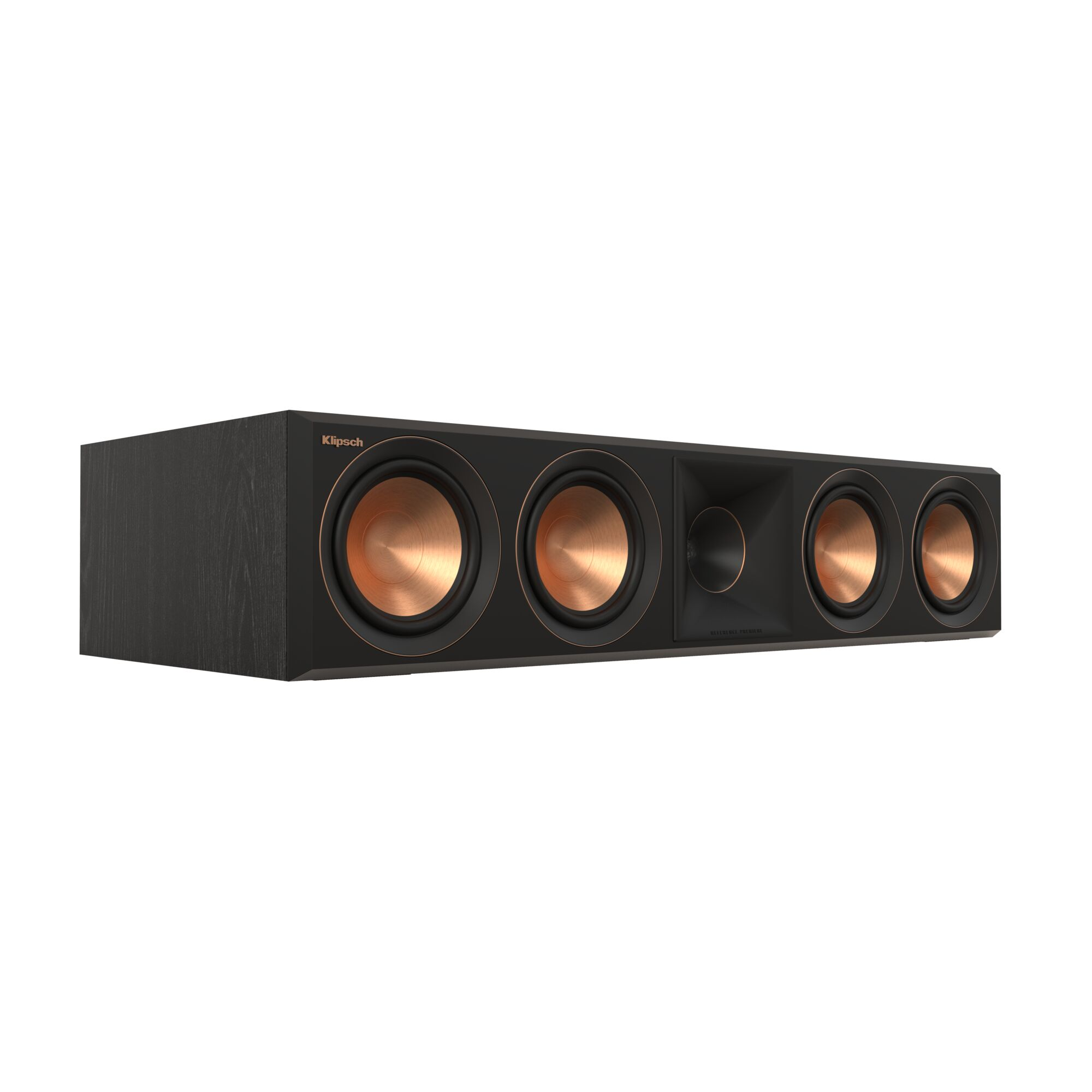 Una soundbar nera con altoparlanti color rame e un tweeter centrato.