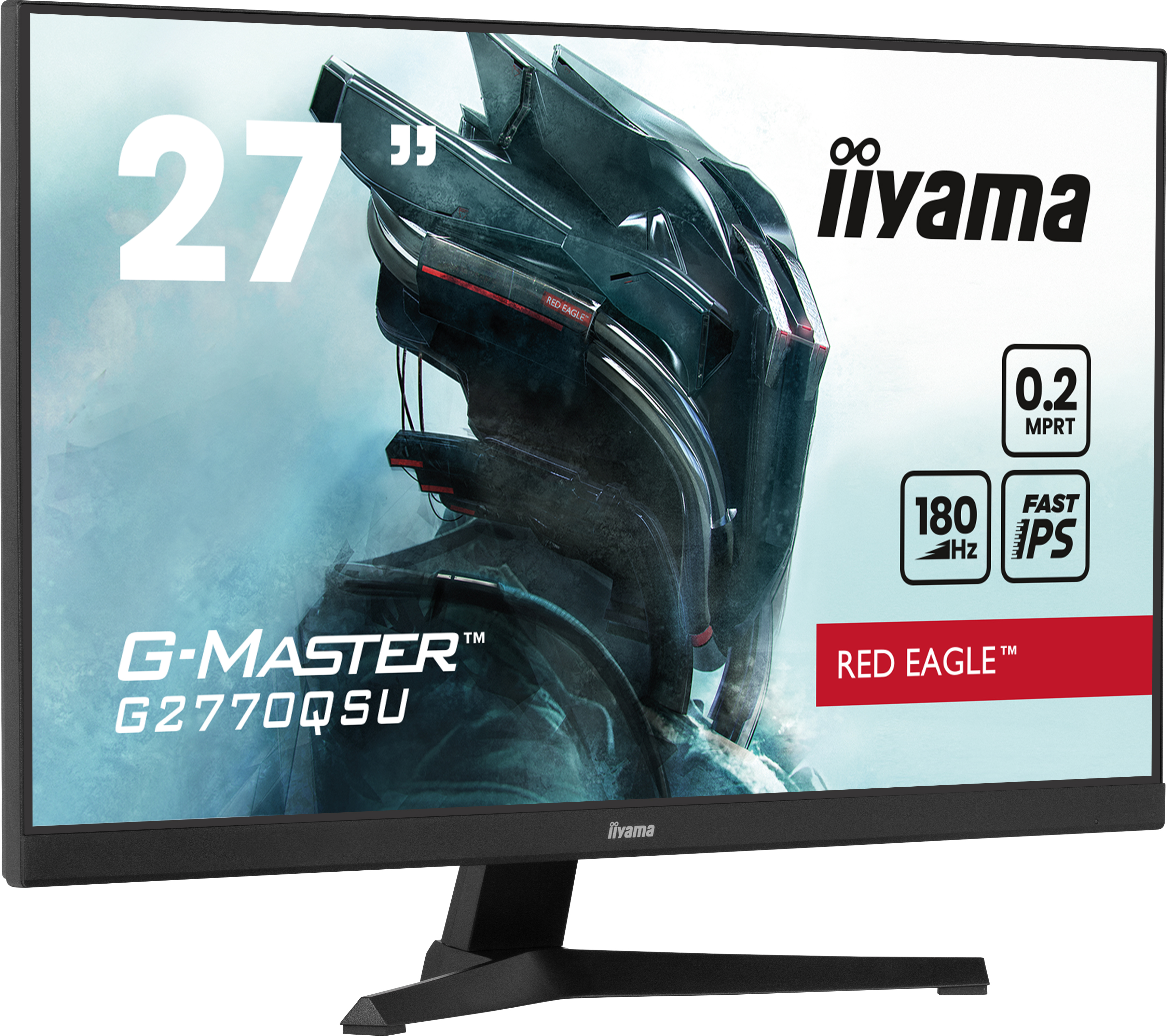 Un monitor Iiyama G-MASTER de 27 pulgadas que muestra un personaje de juego y especificaciones.