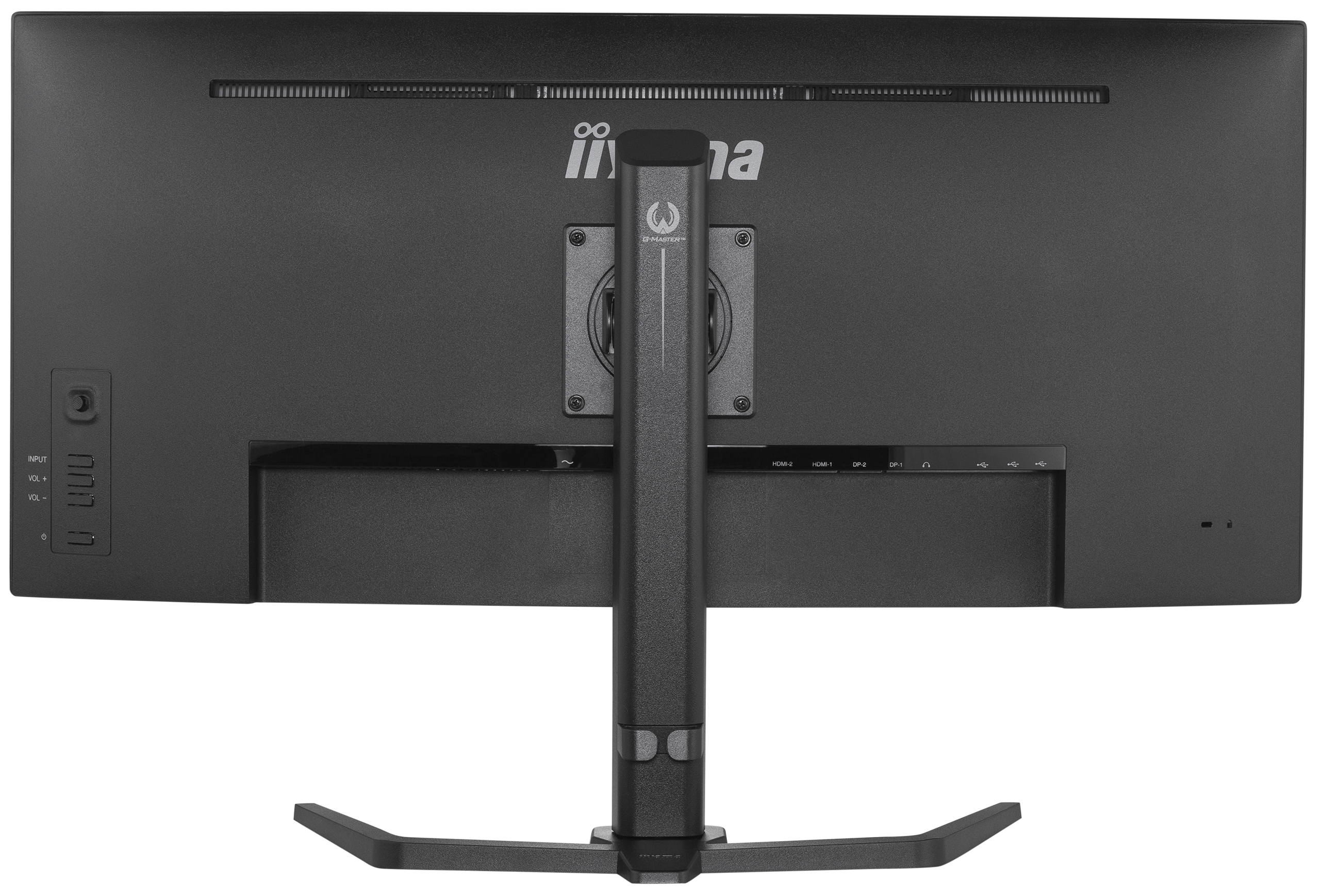 Achterkant van een zwarte monitor met poorten, standaard en logo.