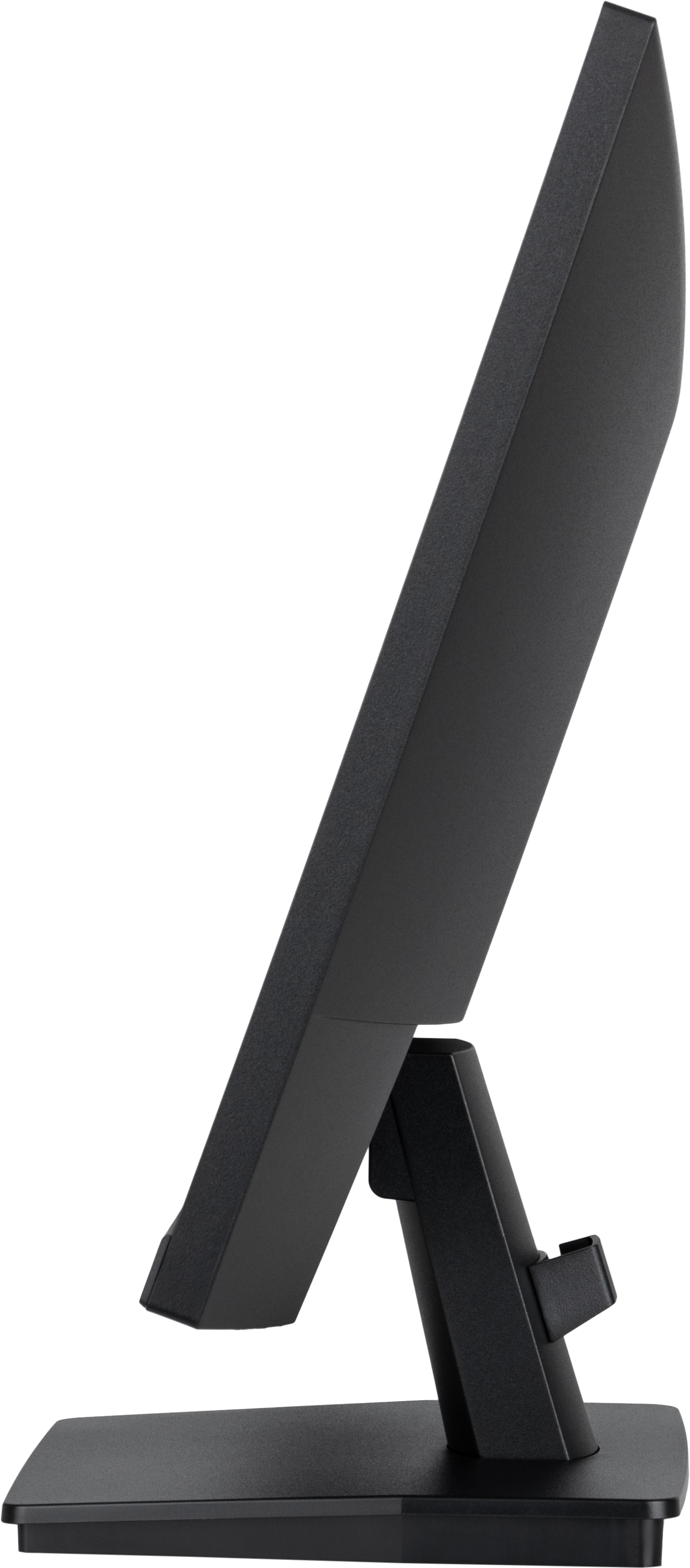 Czarny monitor widziany z boku z czarną podstawką.