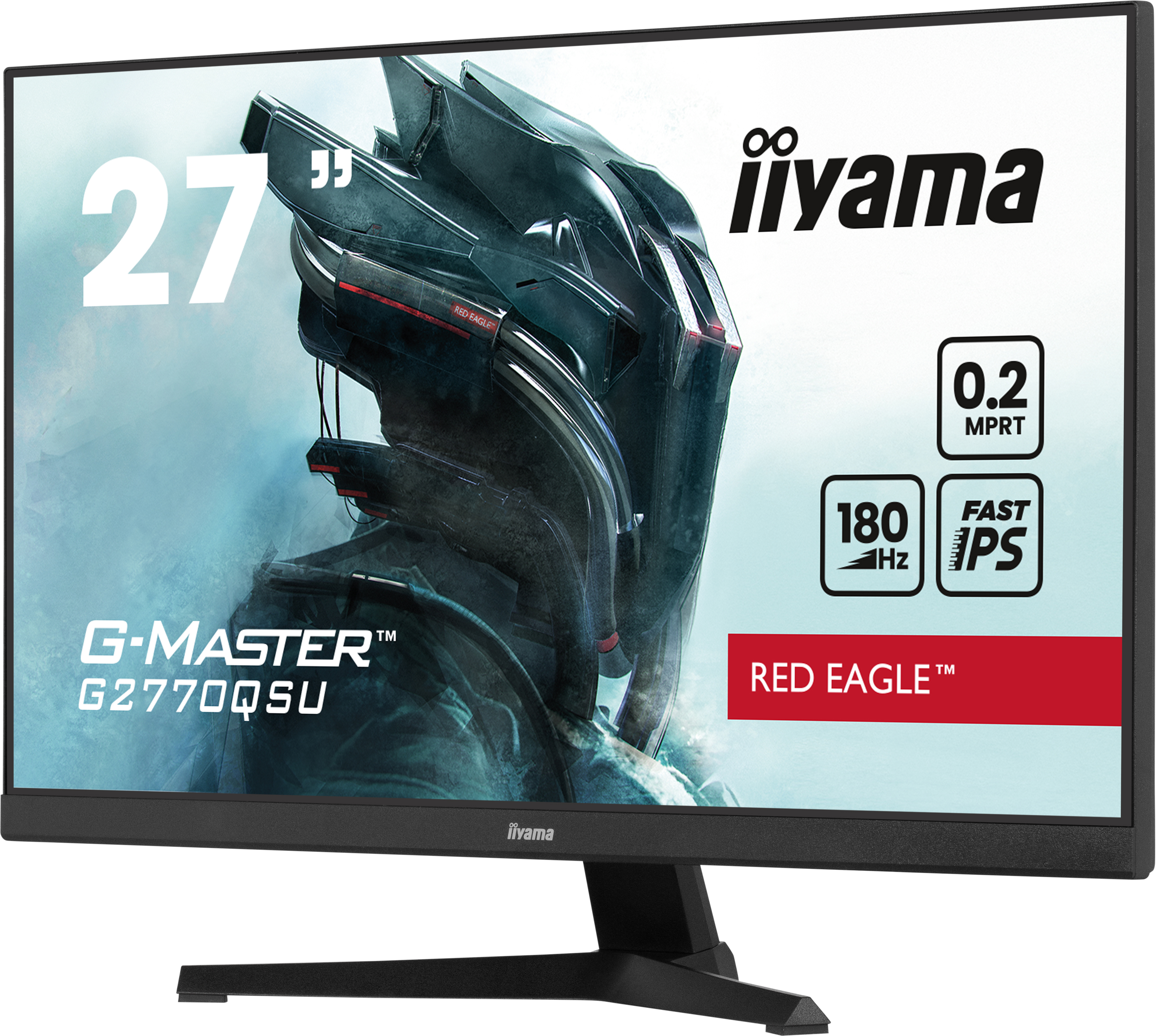 Un monitor iiyama de 27 pulgadas muestra una imagen futurista con texto.