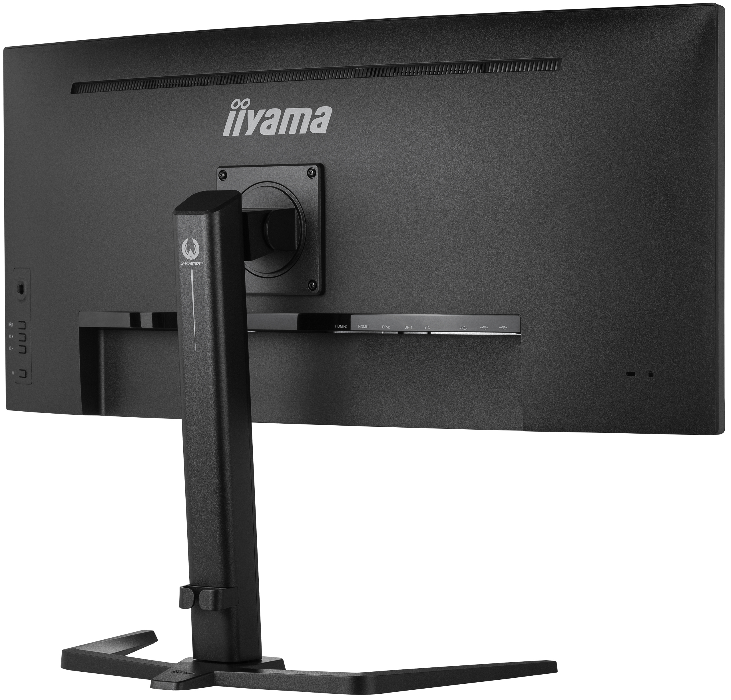 Achteraanzicht van een zwarte Iiyama-monitor. De standaard en poorten zijn zichtbaar. Het Iiyama-logo staat bovenaan.