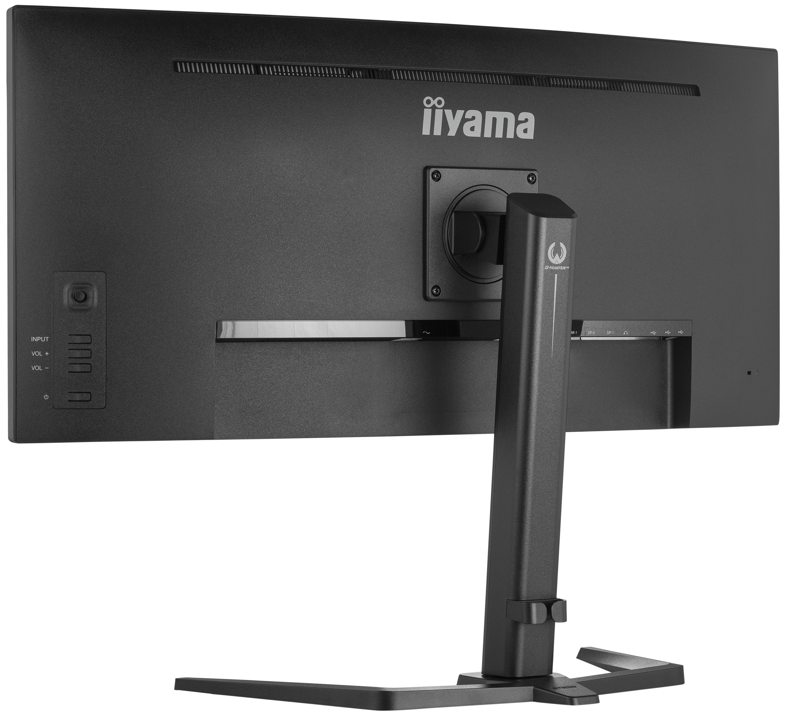 De achterkant van een zwarte iiyama monitor met een standaard en zichtbare in-/uitgangspoorten.