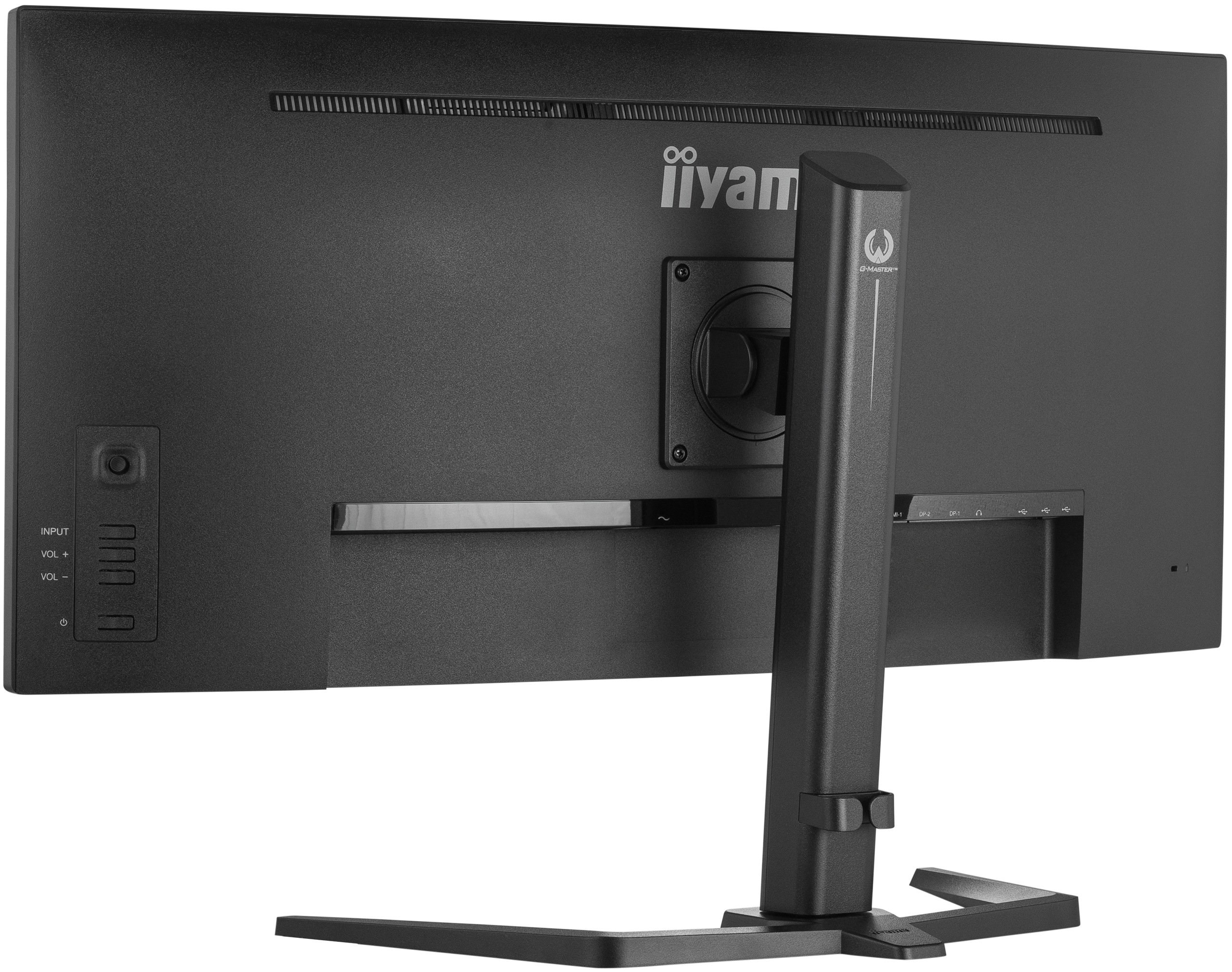De achterkant van een zwarte monitor. Er is een standaard bevestigd en deze staat op een witte achtergrond.