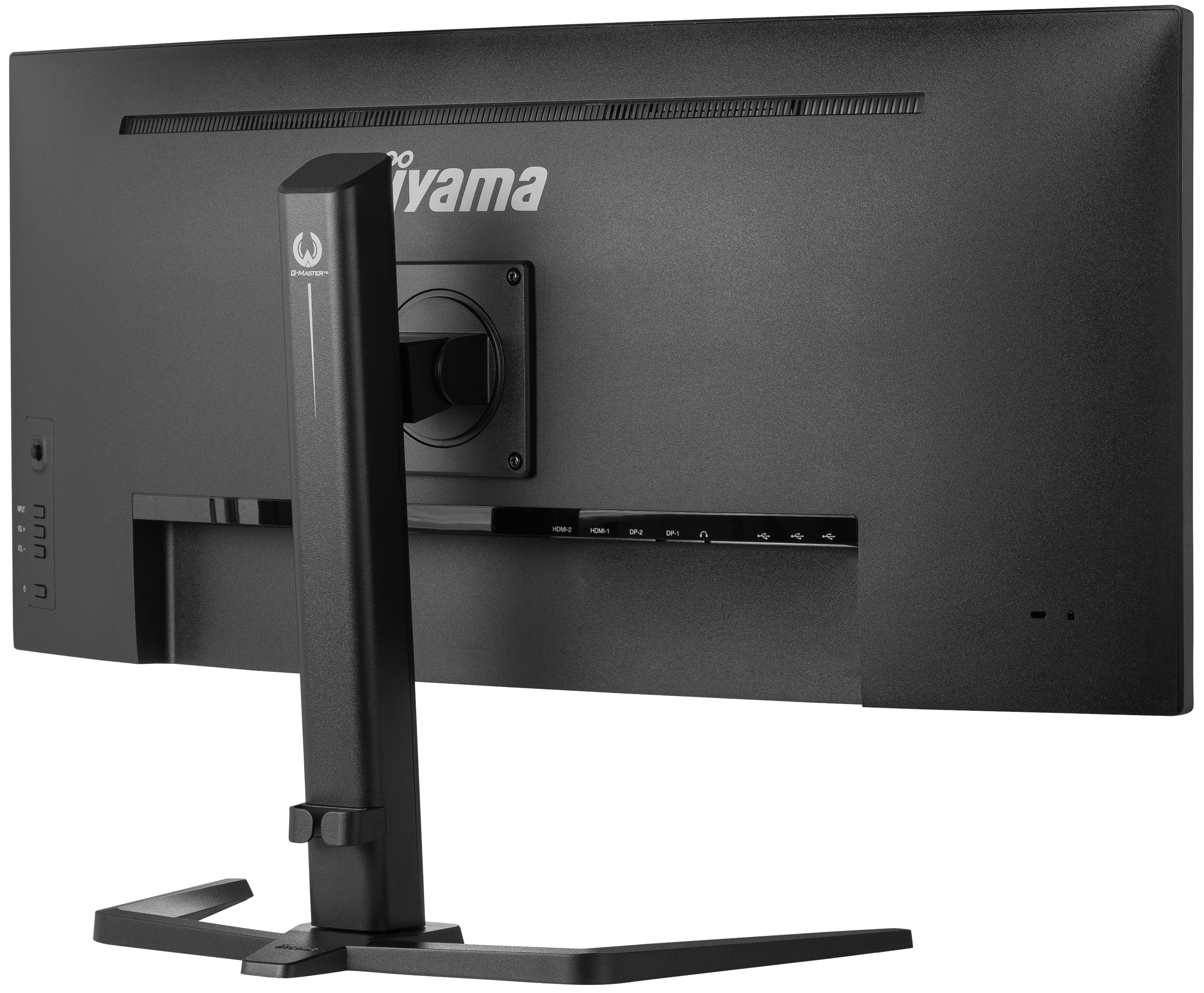 Achterkant van een zwarte monitor met standaard. Iiyama-logo zichtbaar.