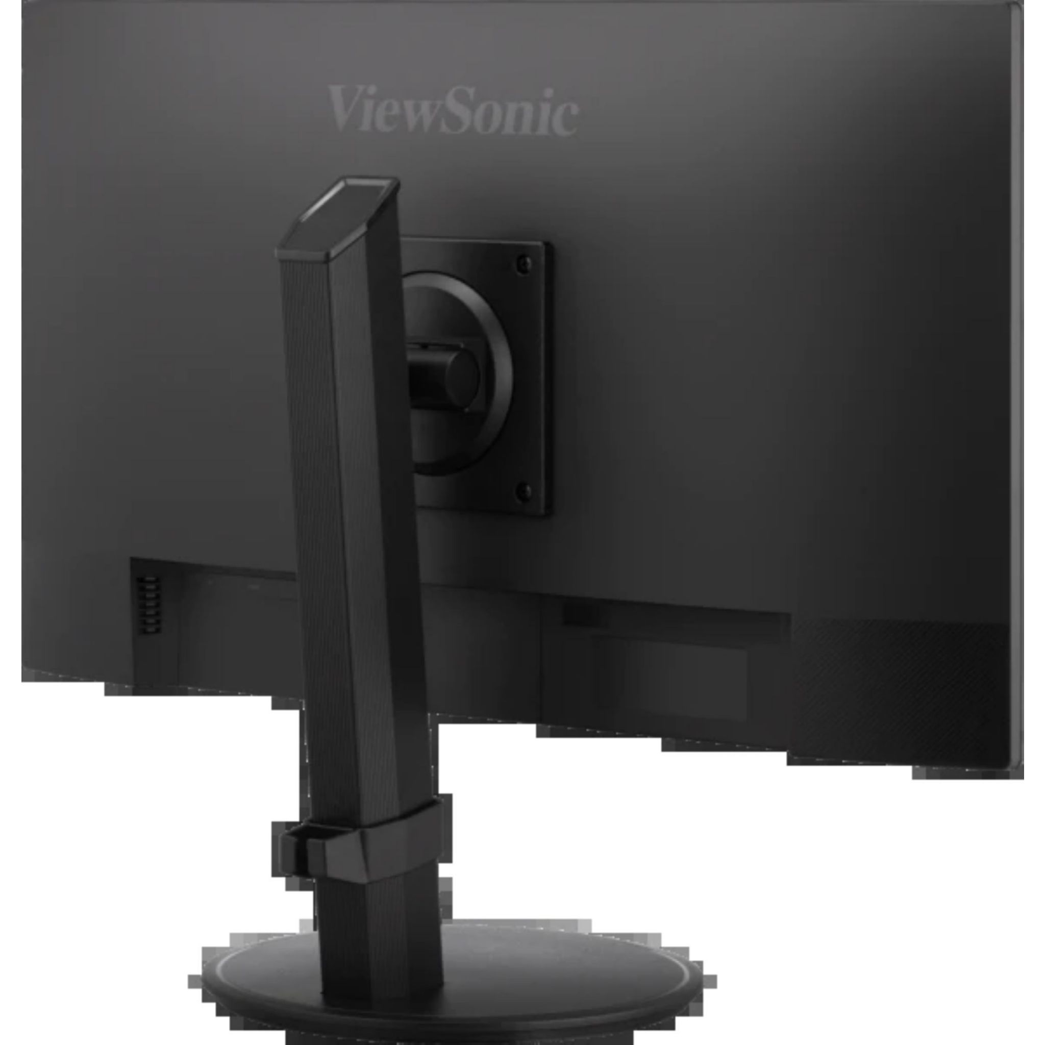 Widok z tyłu czarnego monitora ViewSonic ze stojakiem i czarną powierzchnią.