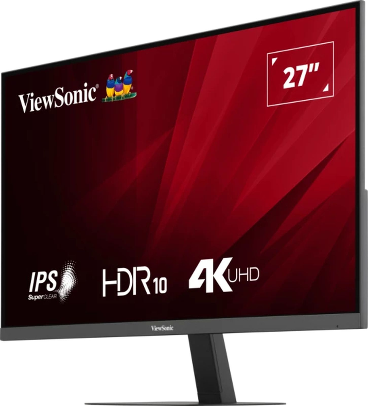 Monitor komputerowy z czerwonym tłem i logo ViewSonic.