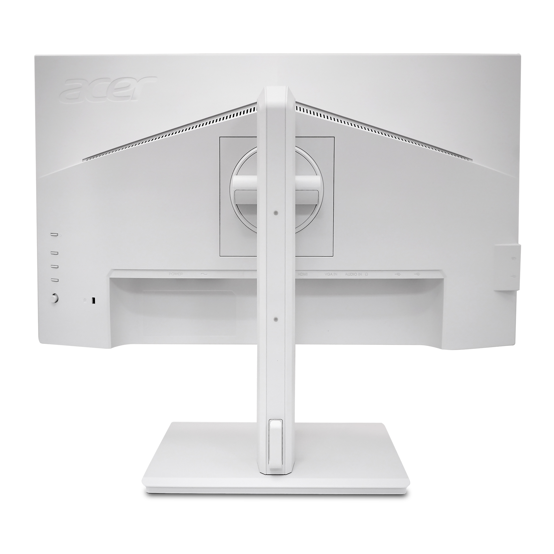 Die Rückseite eines weißen Acer-Monitors mit Anschlüssen und Standfuß.