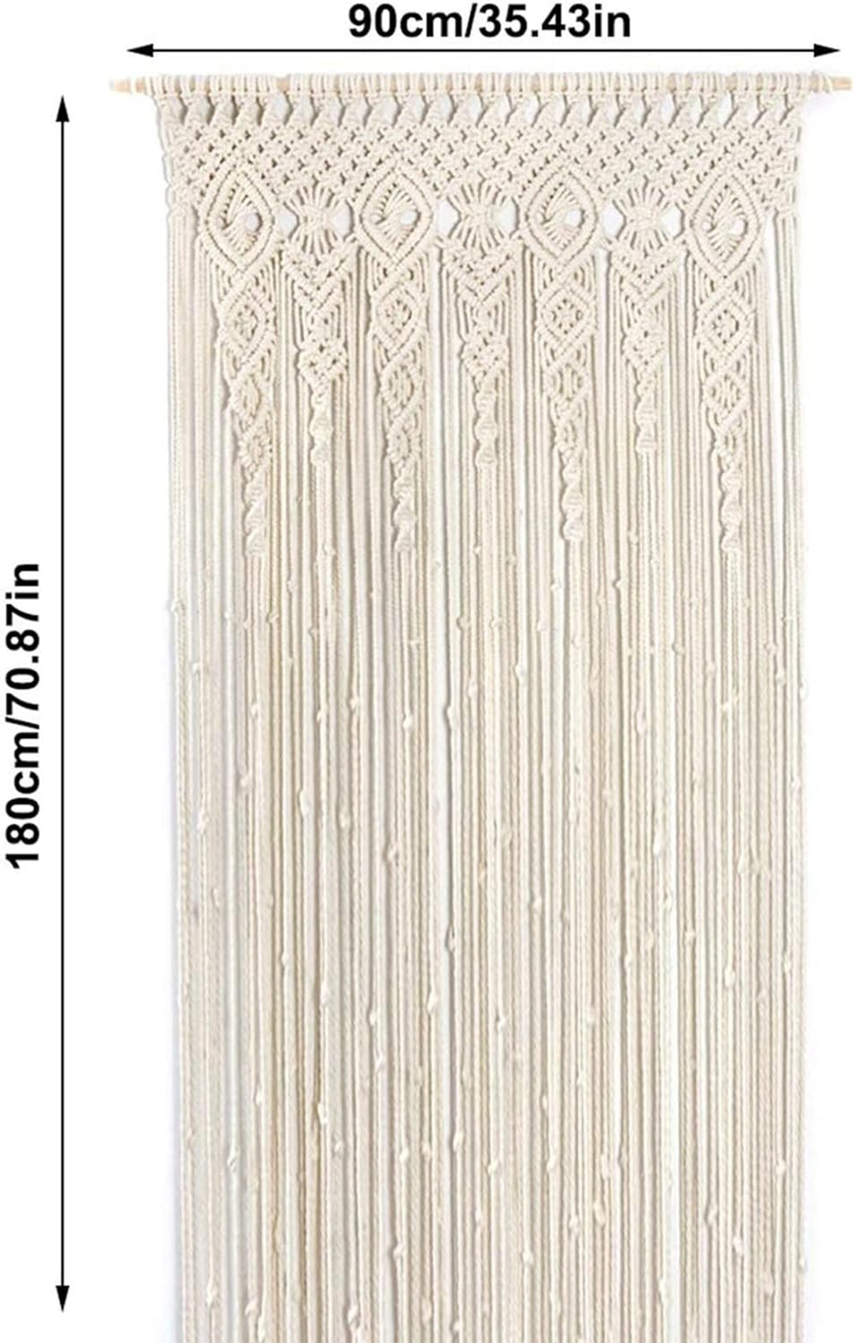 Kremowy makramowy zasłona, z dekoracyjnymi wzorami i tkaną teksturą.