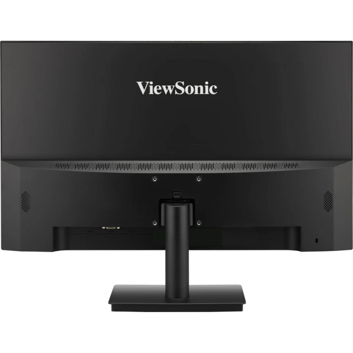 Widok z tyłu czarnego monitora ViewSonic ze stojakiem i portami na dole.