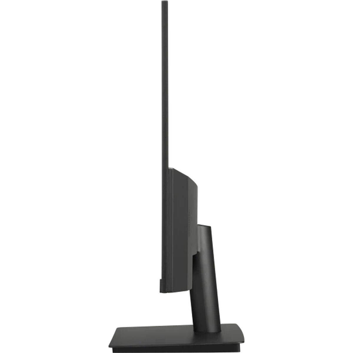 Widok z boku czarnego monitora komputera z cienką ramką, zamontowanego na czarnym stojaku.