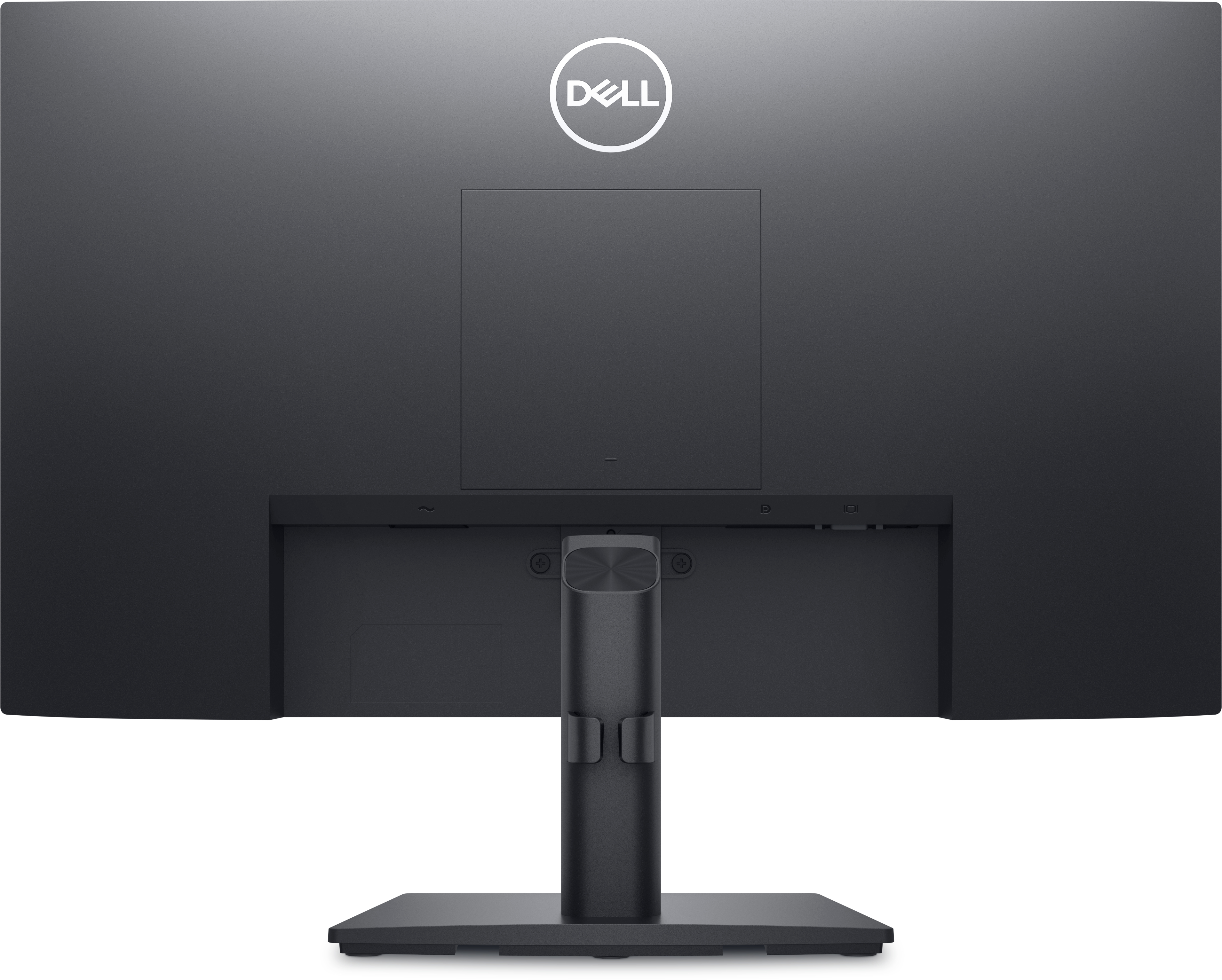 La parte trasera de un monitor de ordenador DELL negro, con el logotipo de Dell y un soporte.