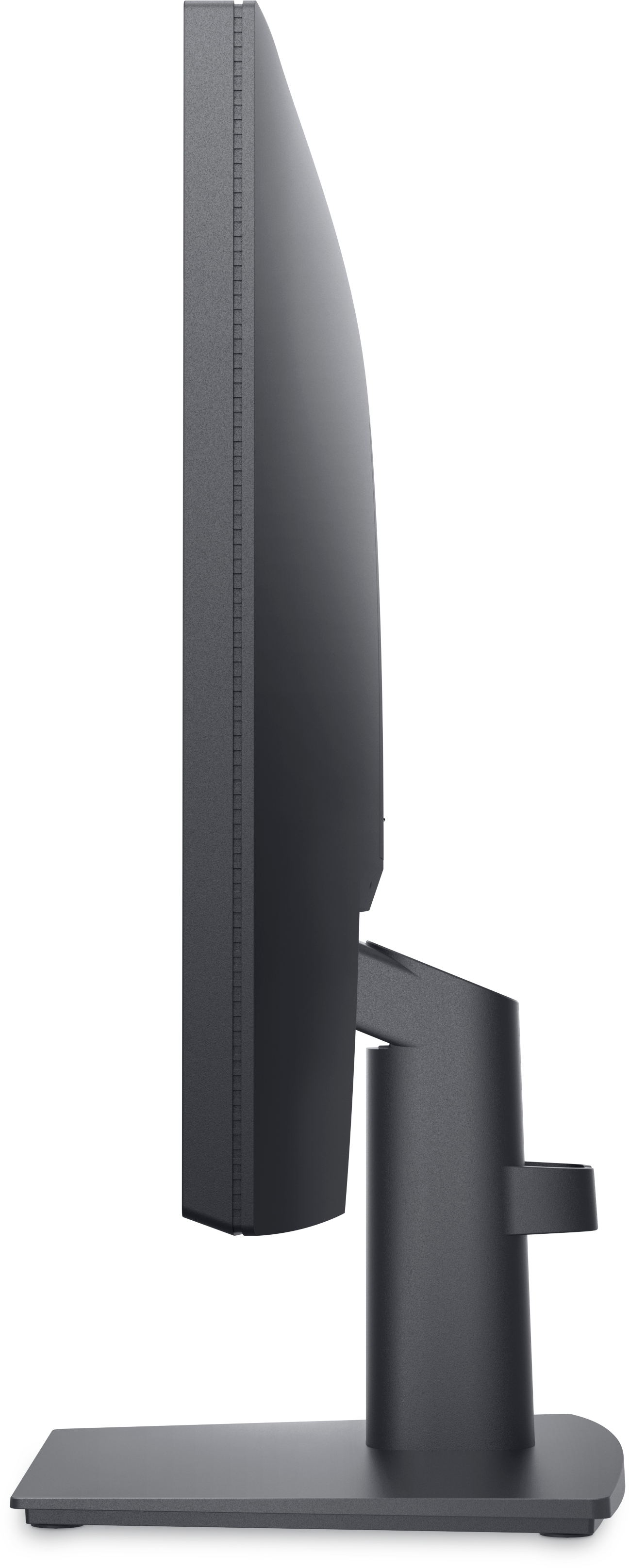 Una vista lateral de un monitor negro con un soporte.