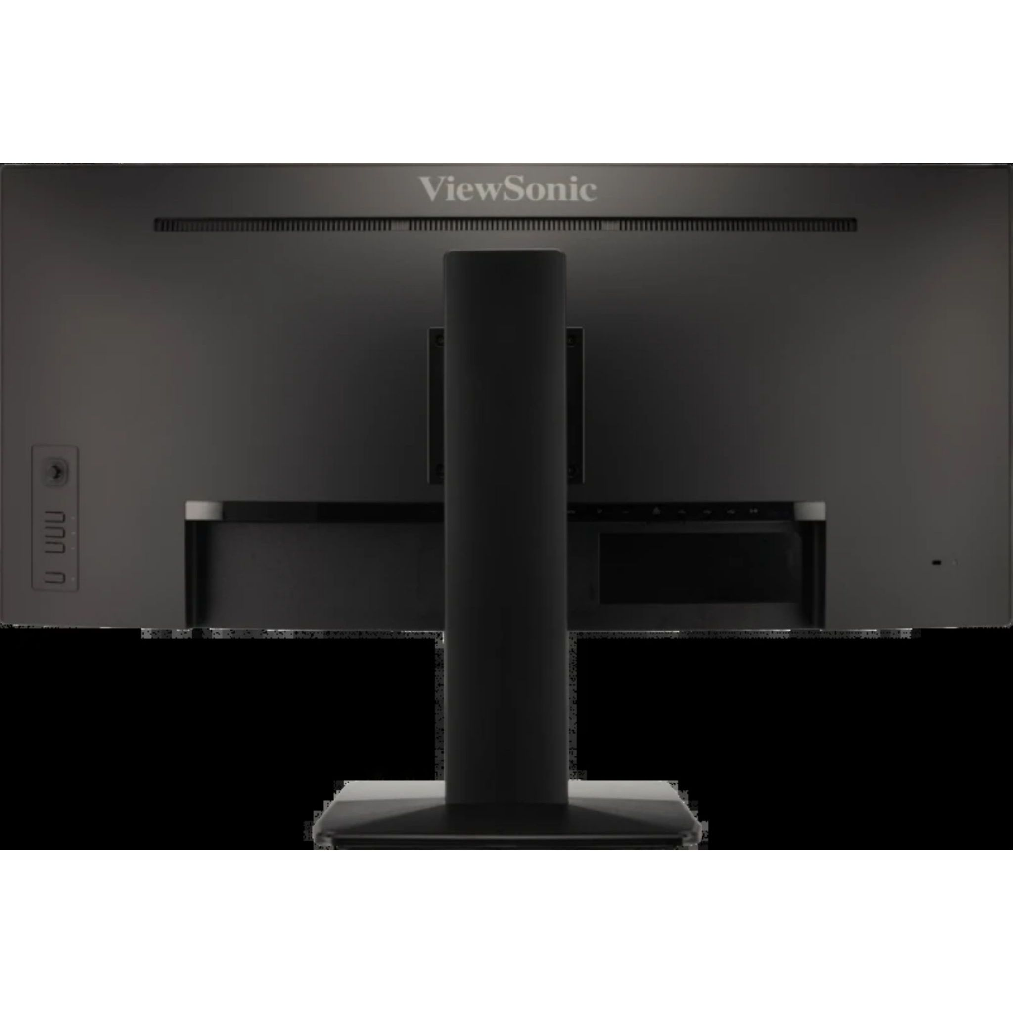 Monitor komputerowy ViewSonic, czarny, ze stojakiem i portami, na czarnym tle.