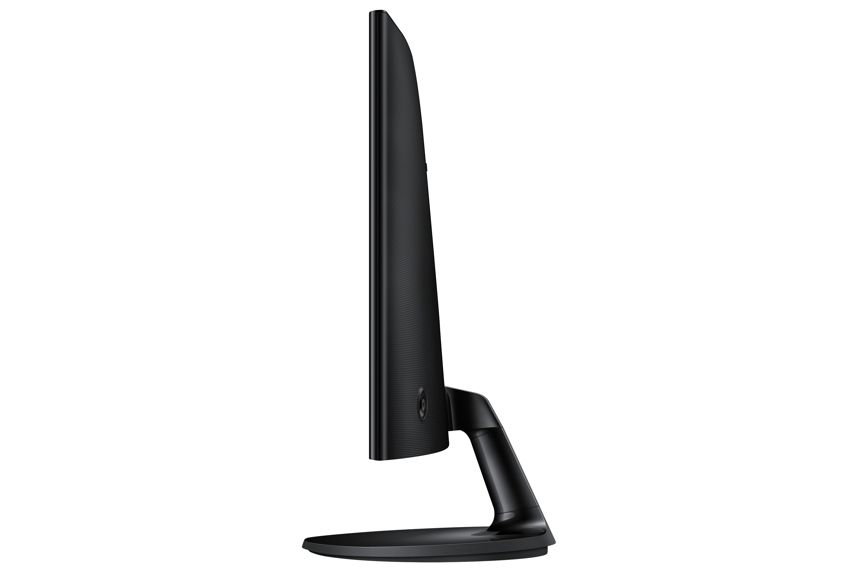 Czarny monitor Dell z niebieskim ekranem i srebrną podstawą na białym tle.