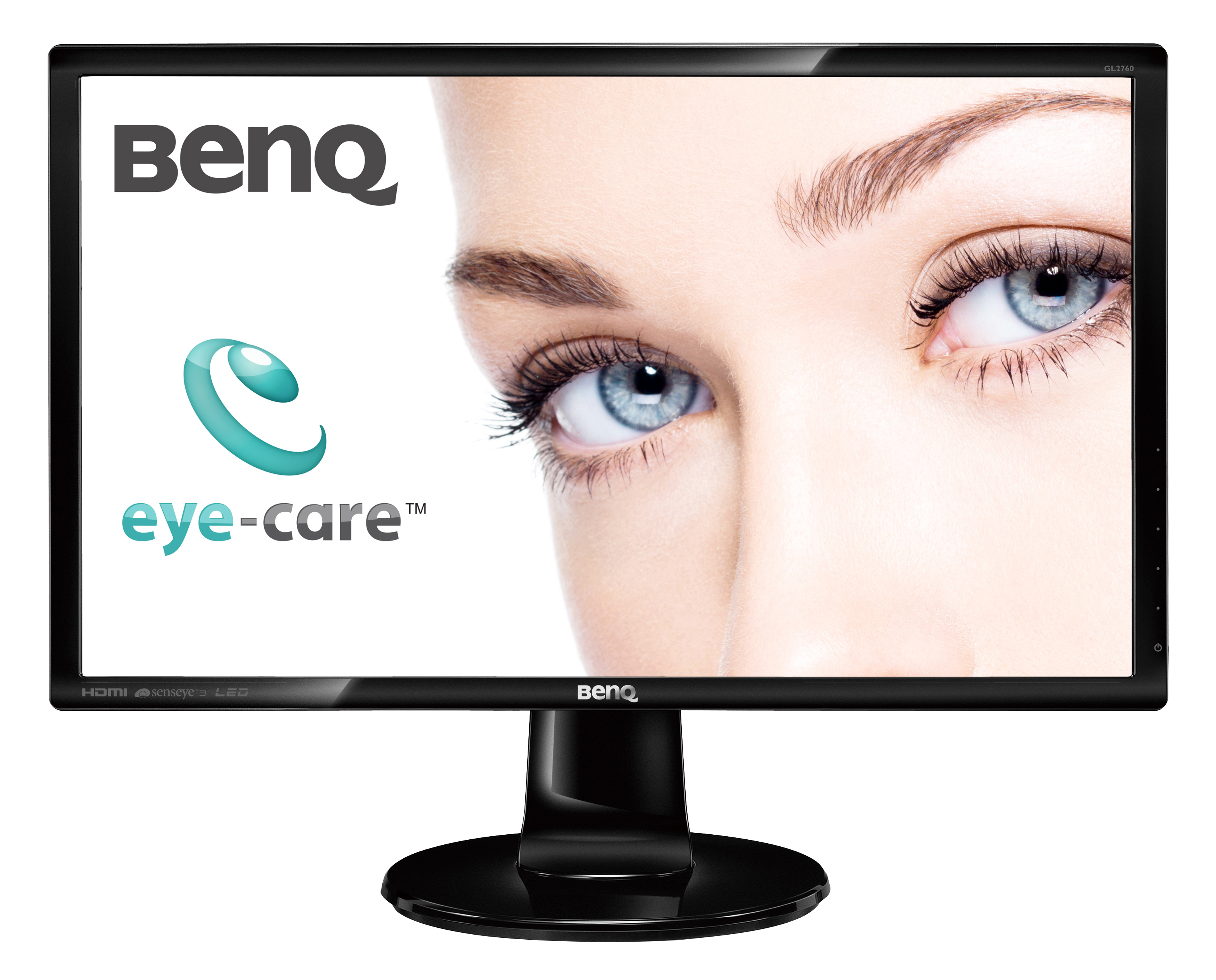 Monitor BenQ con occhi di donna sullo schermo e loghi BenQ e eye-care.
