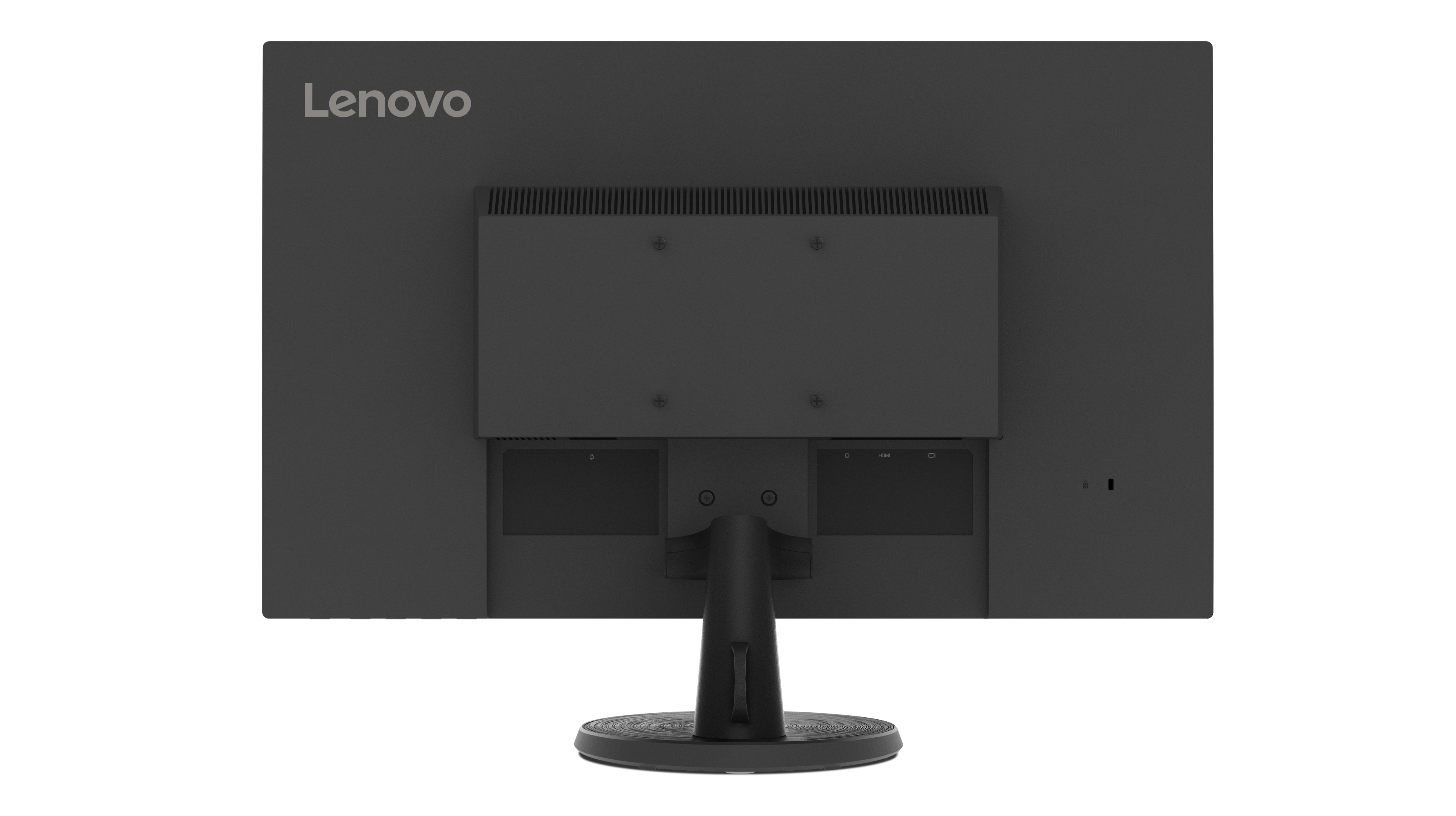 Tył monitora Lenovo, czarny z portami i mocowaniem podstawy, na białym tle.