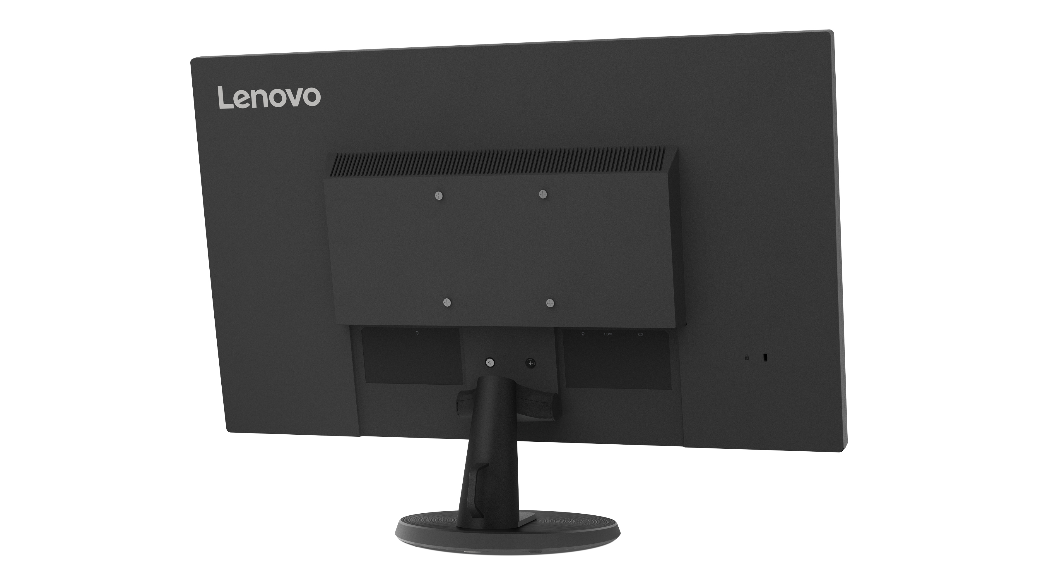 Retro di un monitor Lenovo nero con supporto e porte visibili.