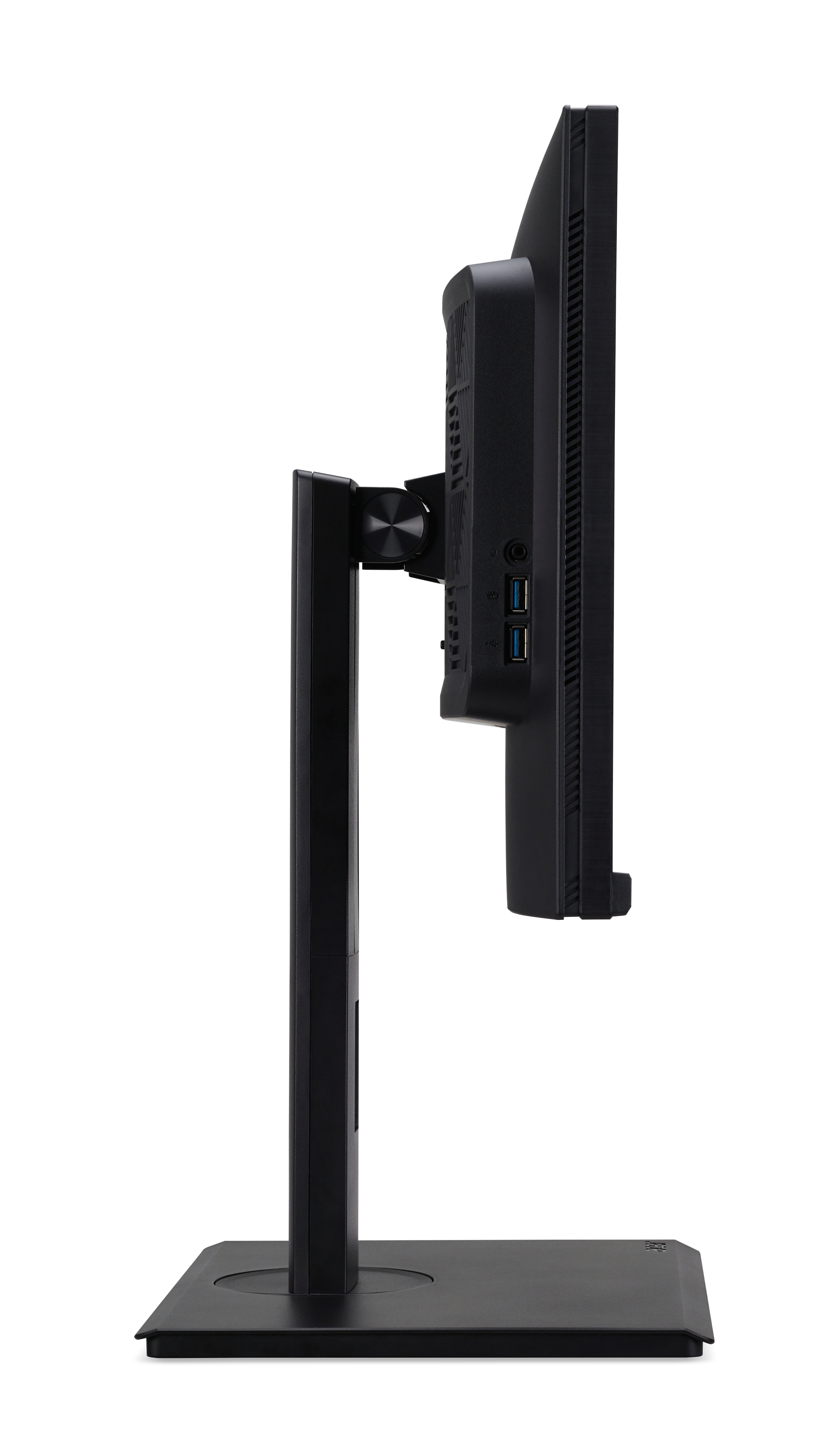 Profil boczny monitora, pokazujący tył i podstawę, ujawniający porty USB i czarną powierzchnię.