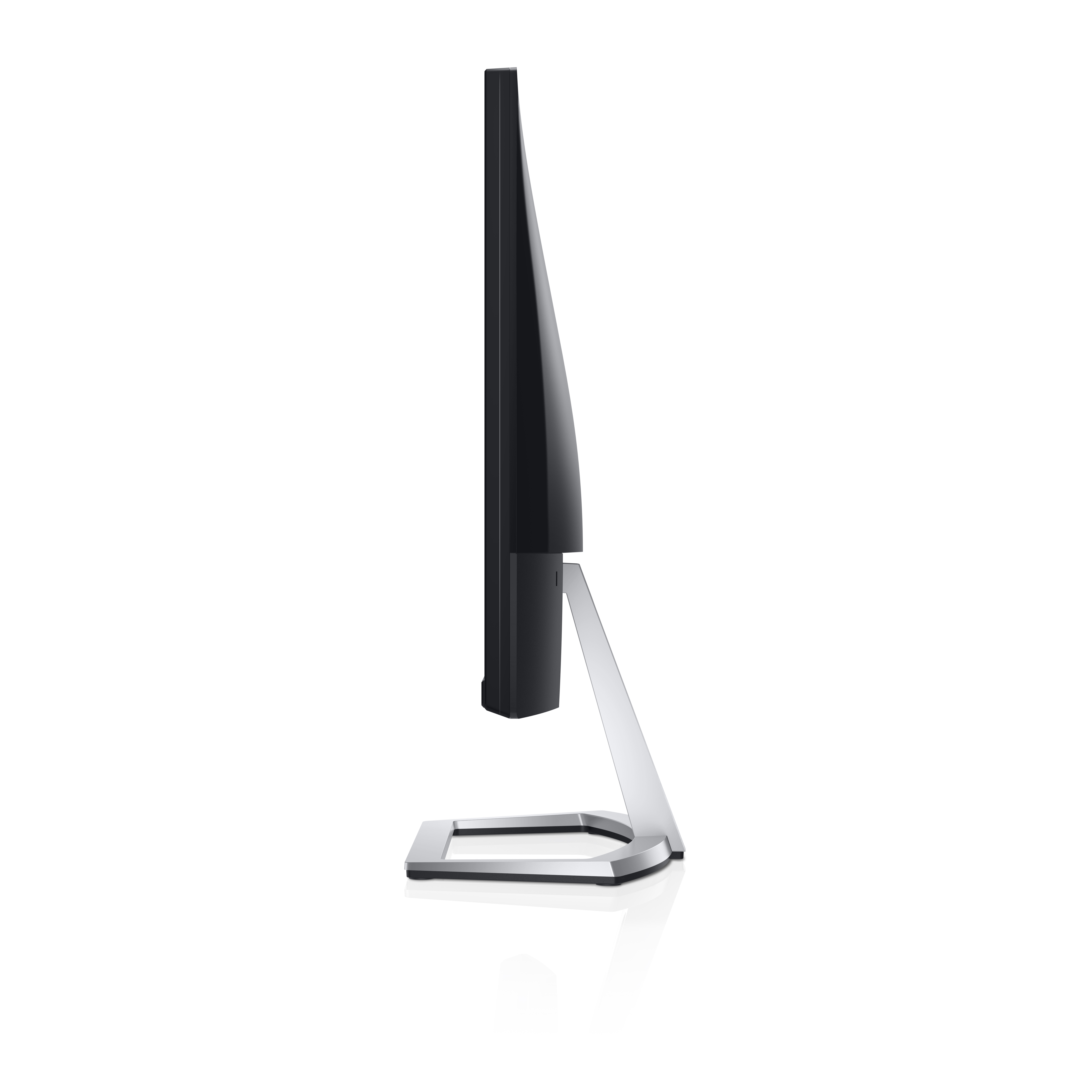 Un monitor nero di lato con base argentata e cornice sottile.